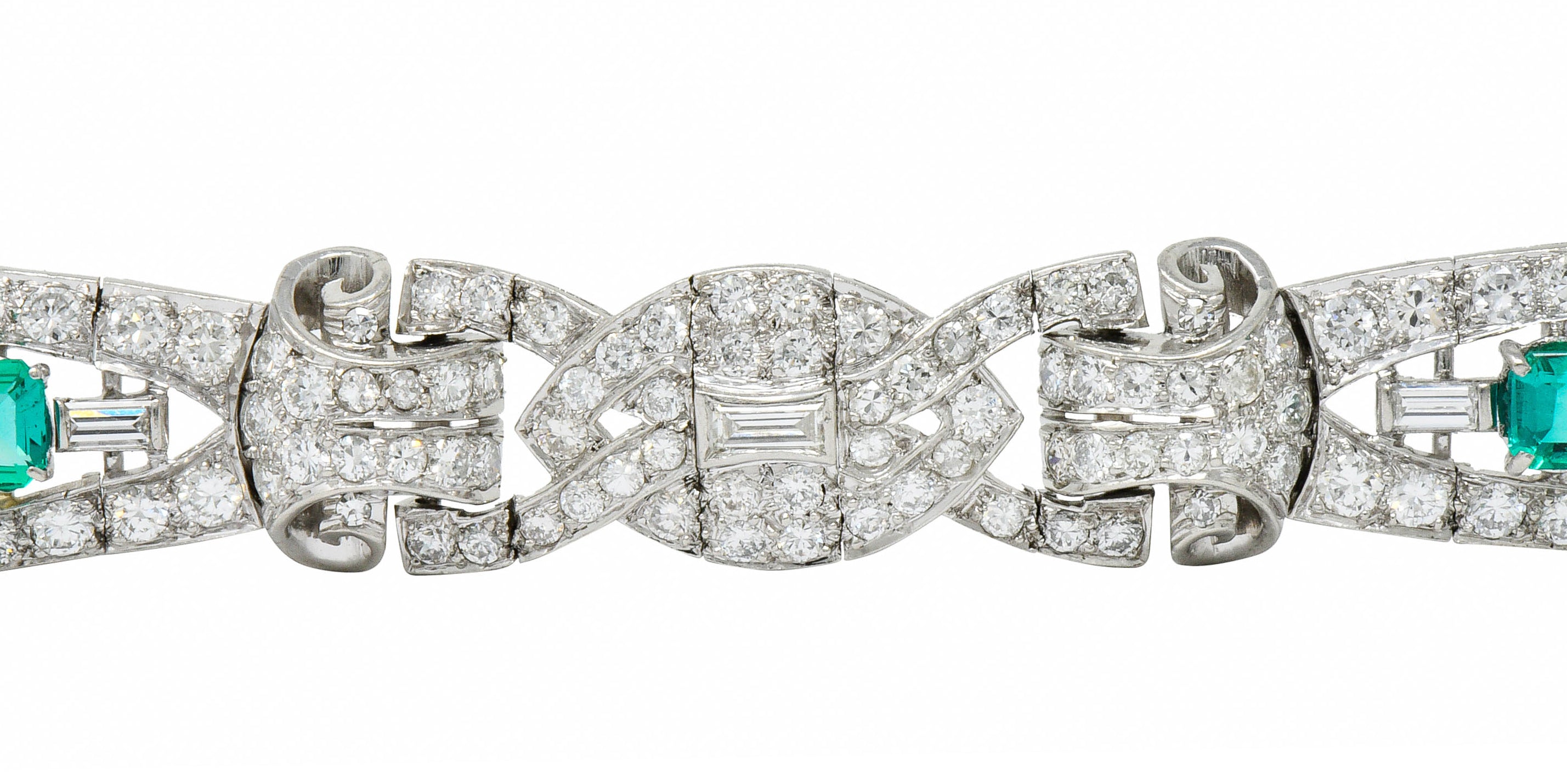 1950's Mid-Century 9.55 CTW Emerald Diamond Platinum Scrolled Link Braceletbracelet - Wilson's Estate Jewelry