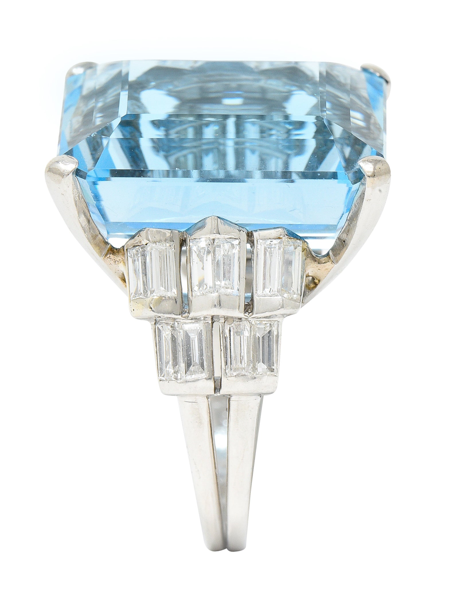 Mid-Century 25.76 CTW Emerald Cut Aquamarine Baguette Cut Diamond Platinum Stepped Chevron Antique Cocktail Ring Wilson's Estate Jewelry