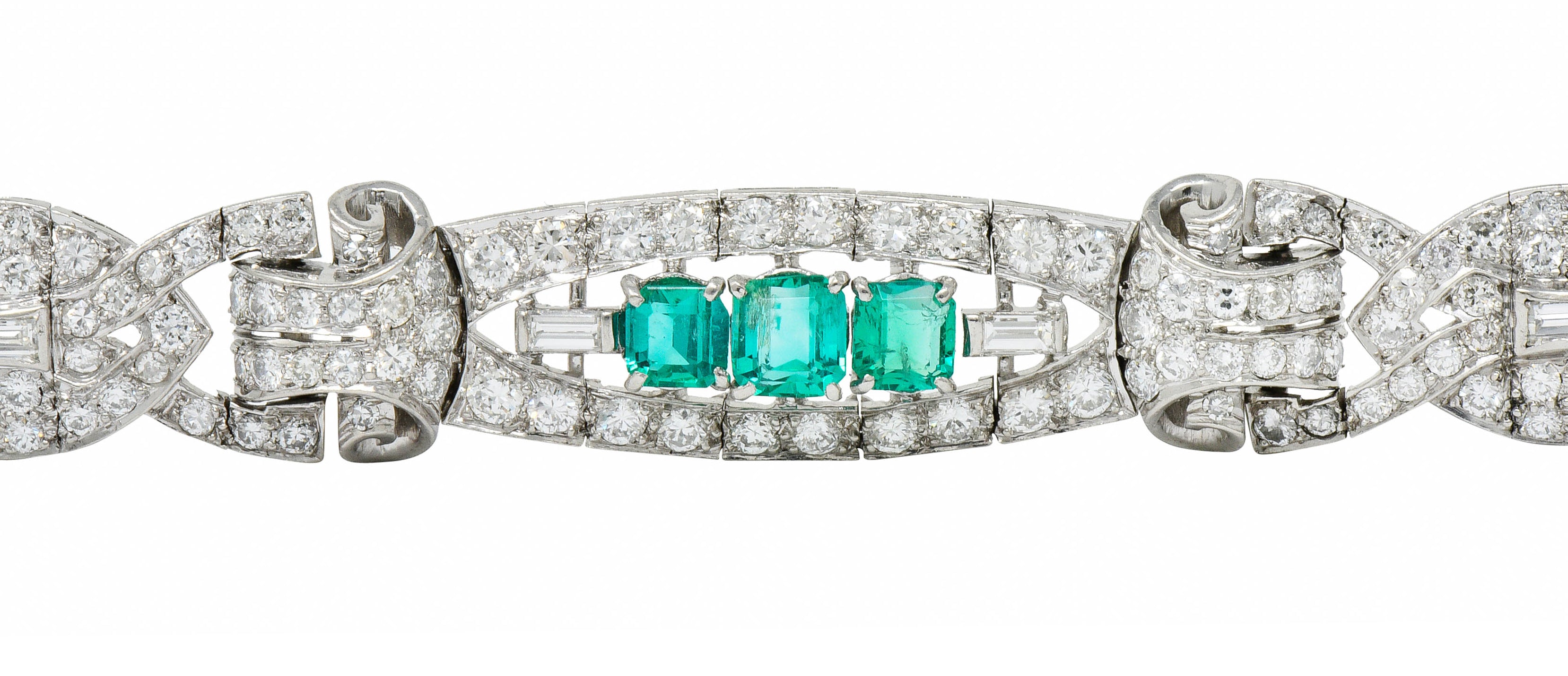1950's Mid-Century 9.55 CTW Emerald Diamond Platinum Scrolled Link Braceletbracelet - Wilson's Estate Jewelry
