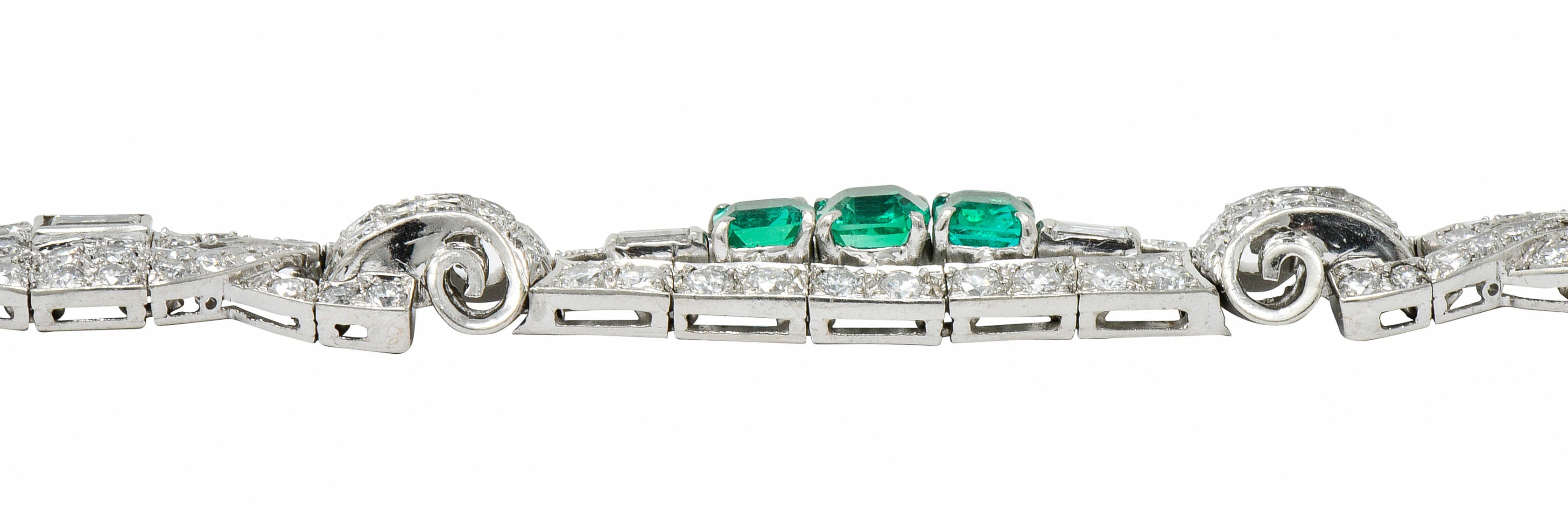 1950's Mid-Century 9.55 CTW Emerald Diamond Platinum Scrolled Link Braceletbracelet - Wilson's Estate Jewelry