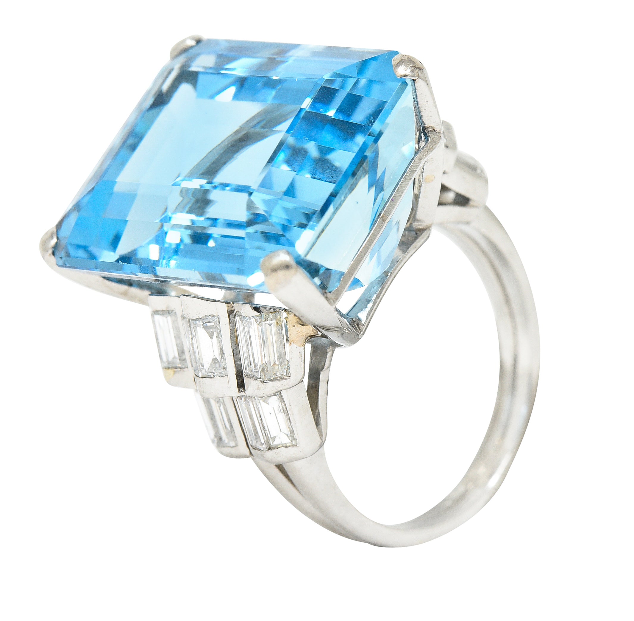 Mid-Century 25.76 CTW Emerald Cut Aquamarine Baguette Cut Diamond Platinum Stepped Chevron Antique Cocktail Ring Wilson's Estate Jewelry