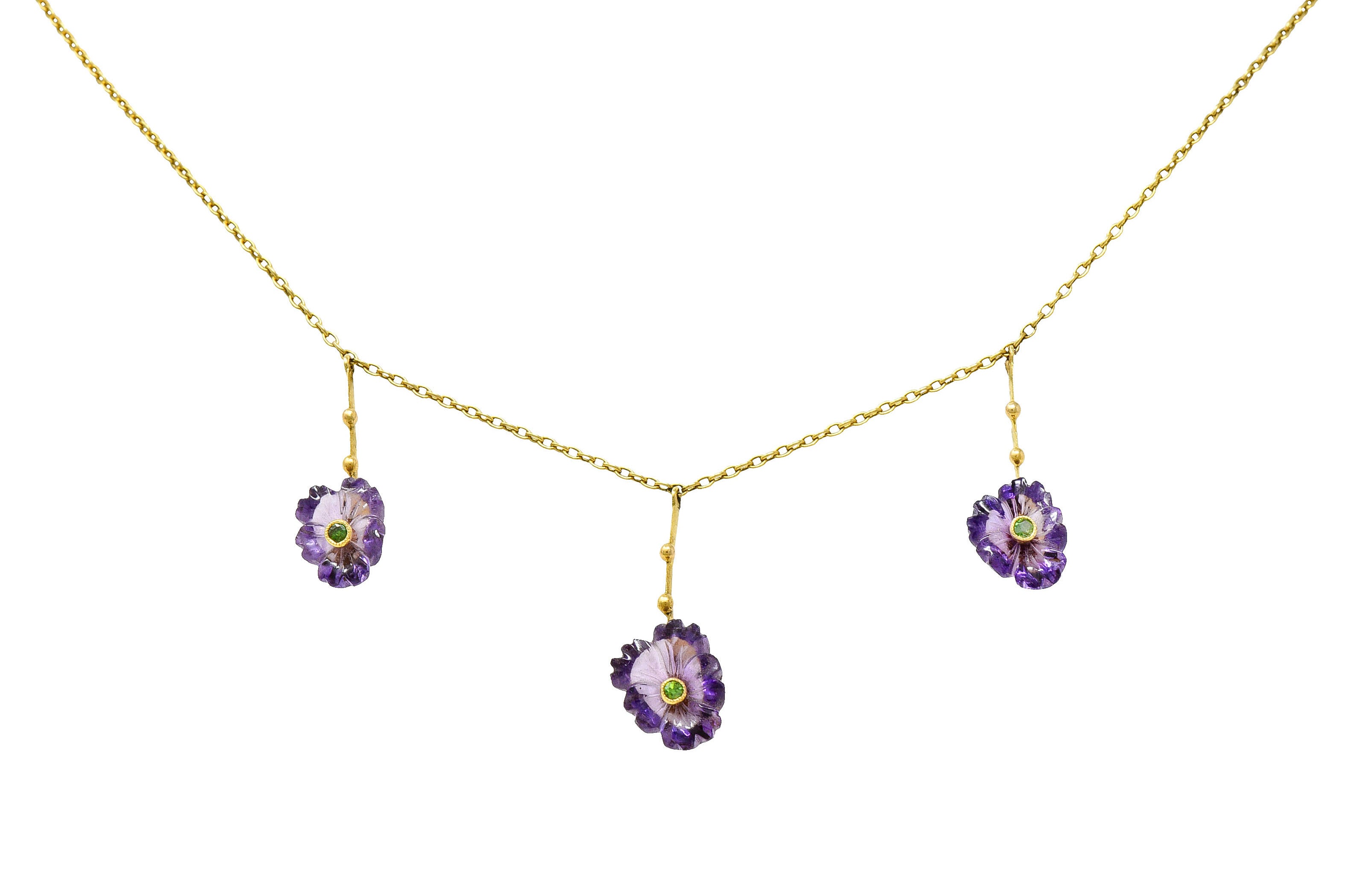 Victorian Amethyst Demantoid Garnet 18 Karat Gold Flower Drop NecklaceNecklace - Wilson's Estate Jewelry
