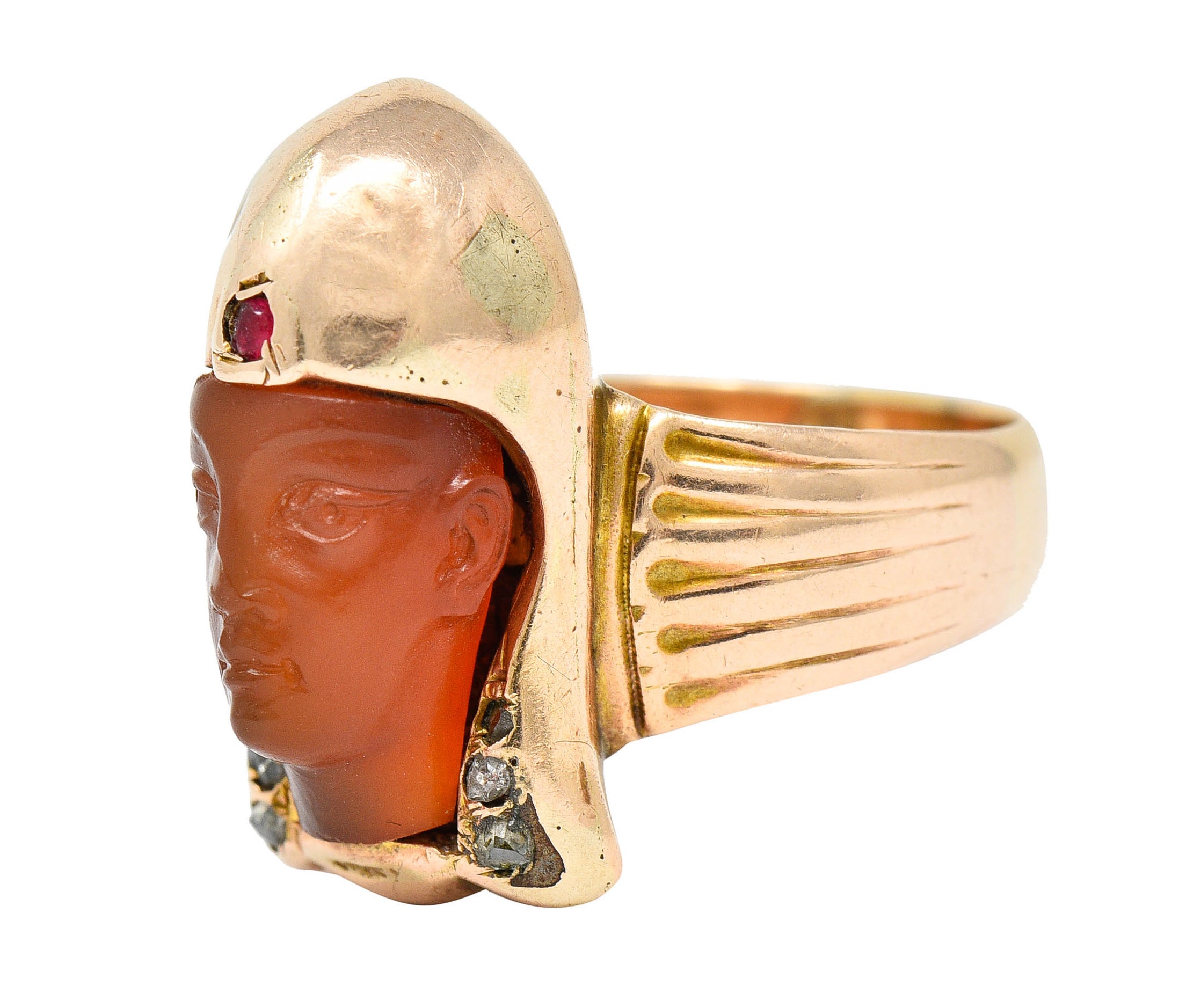Victorian Egyptian Revival Carnelian Ruby Diamond 14 Karat Gold Pharaoh RingRing - Wilson's Estate Jewelry