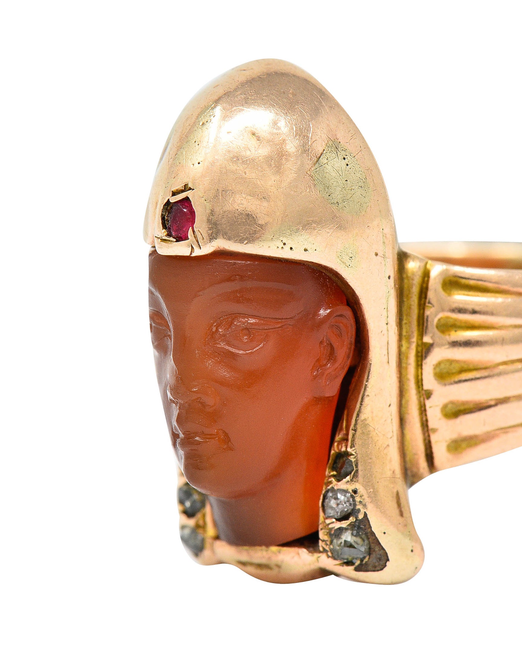 Victorian Egyptian Revival Carnelian Ruby Diamond 14 Karat Gold Pharaoh RingRing - Wilson's Estate Jewelry