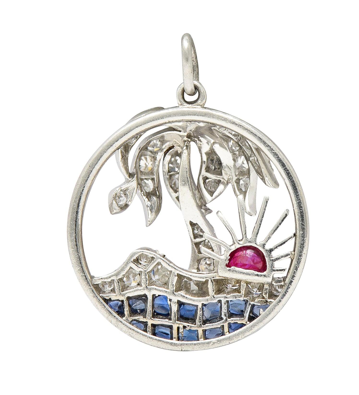 Art Deco Diamond Ruby Sapphire Platinum Palm Tree Tropical Beach Charm Wilson's Estate Jewelry