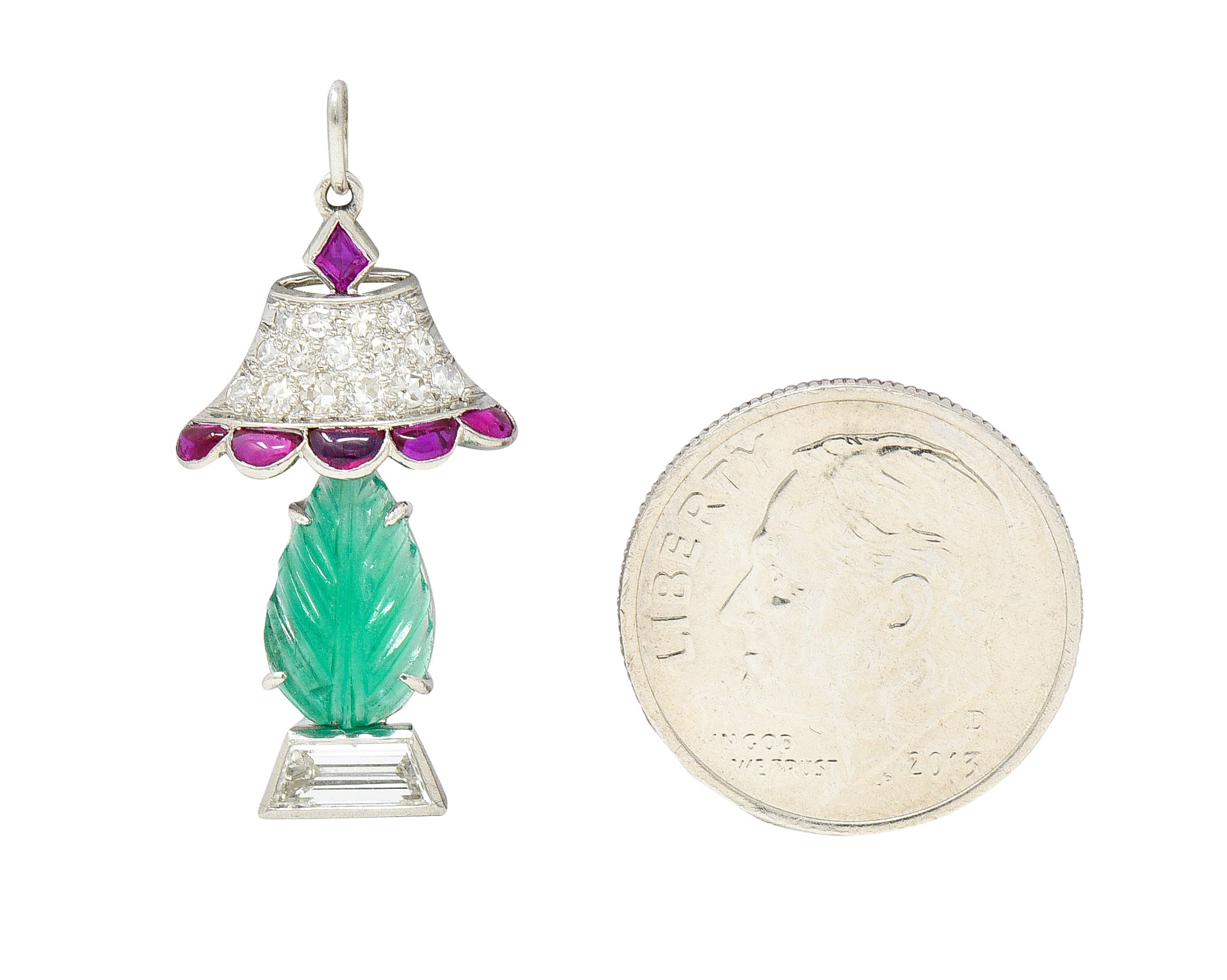 Art Deco Ruby Diamond Mughal Emerald Platinum Lamp Charm Wilson's Estate Jewelry