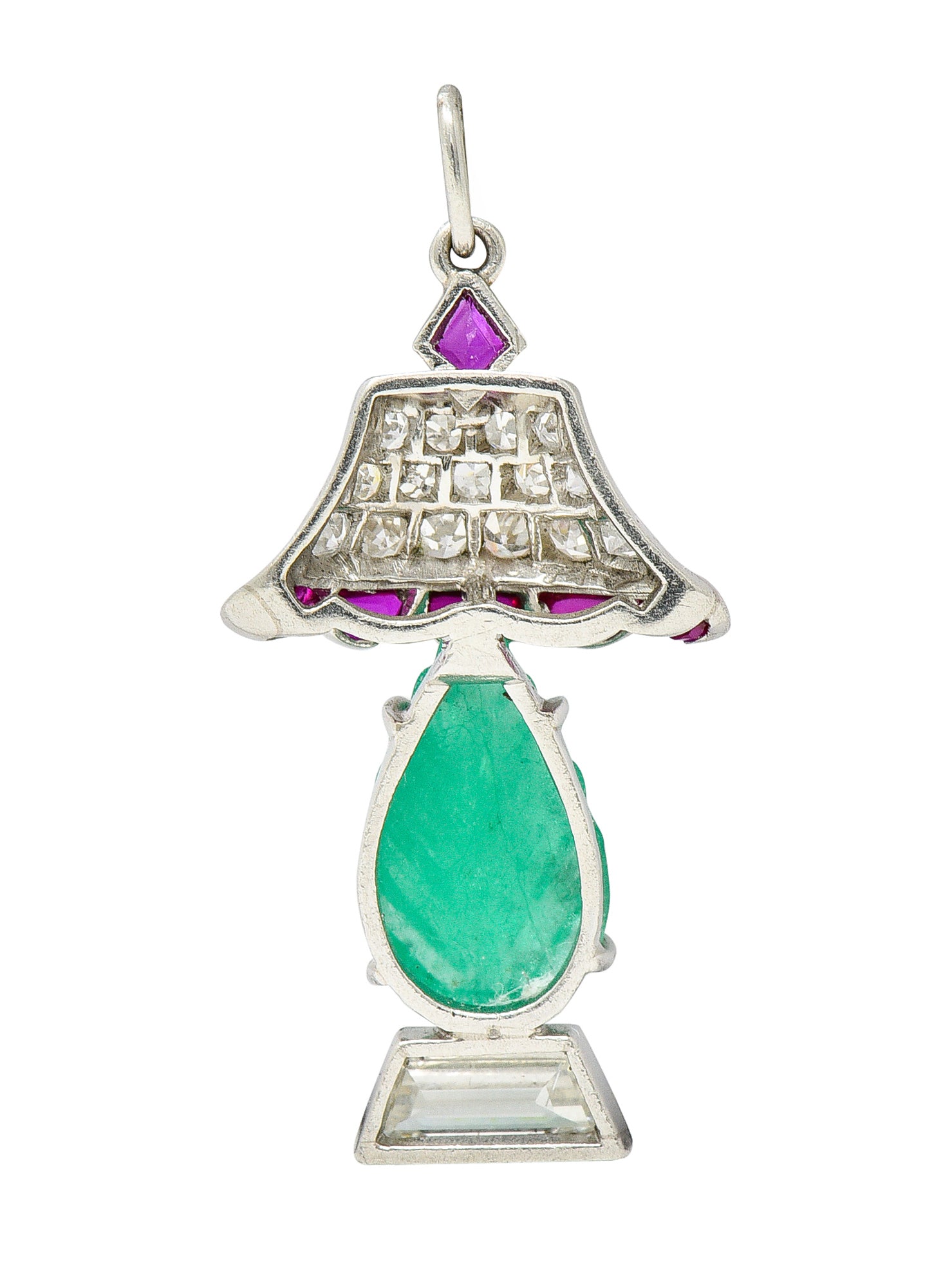 Art Deco Ruby Diamond Mughal Emerald Platinum Lamp Charm Wilson's Estate Jewelry