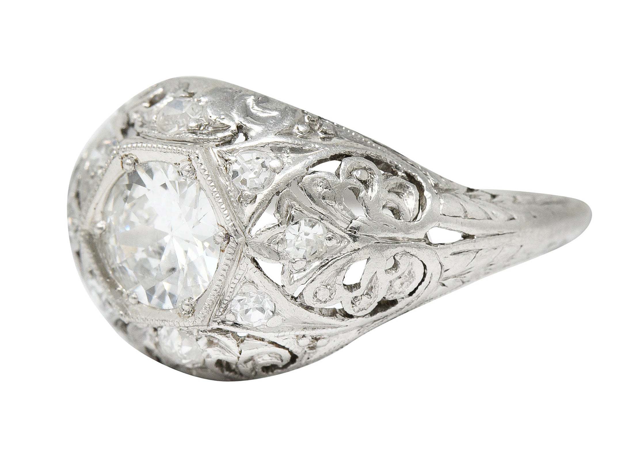 Edwardian 0.90 CTW Diamond Platinum Foliate Bombe Band RingRing - Wilson's Estate Jewelry