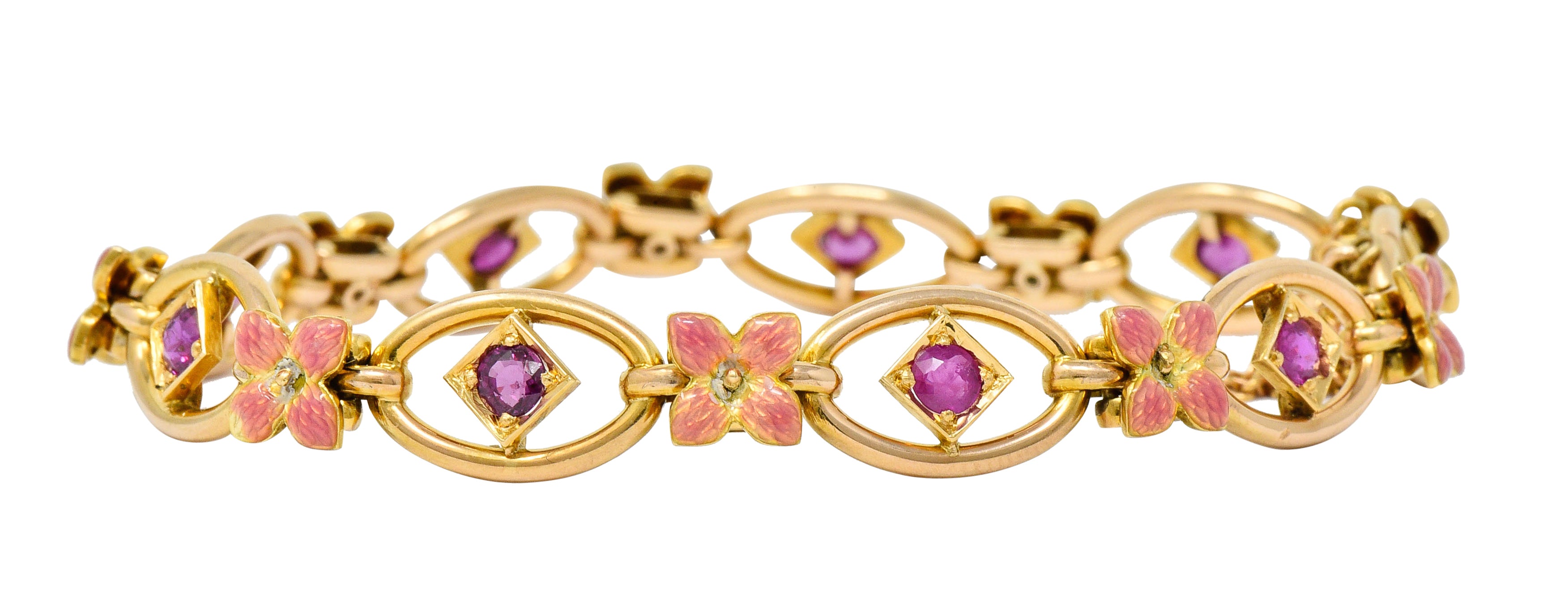 Art Nouveau Ruby Enamel 18 Karat Gold Flower Link Braceletbracelet - Wilson's Estate Jewelry