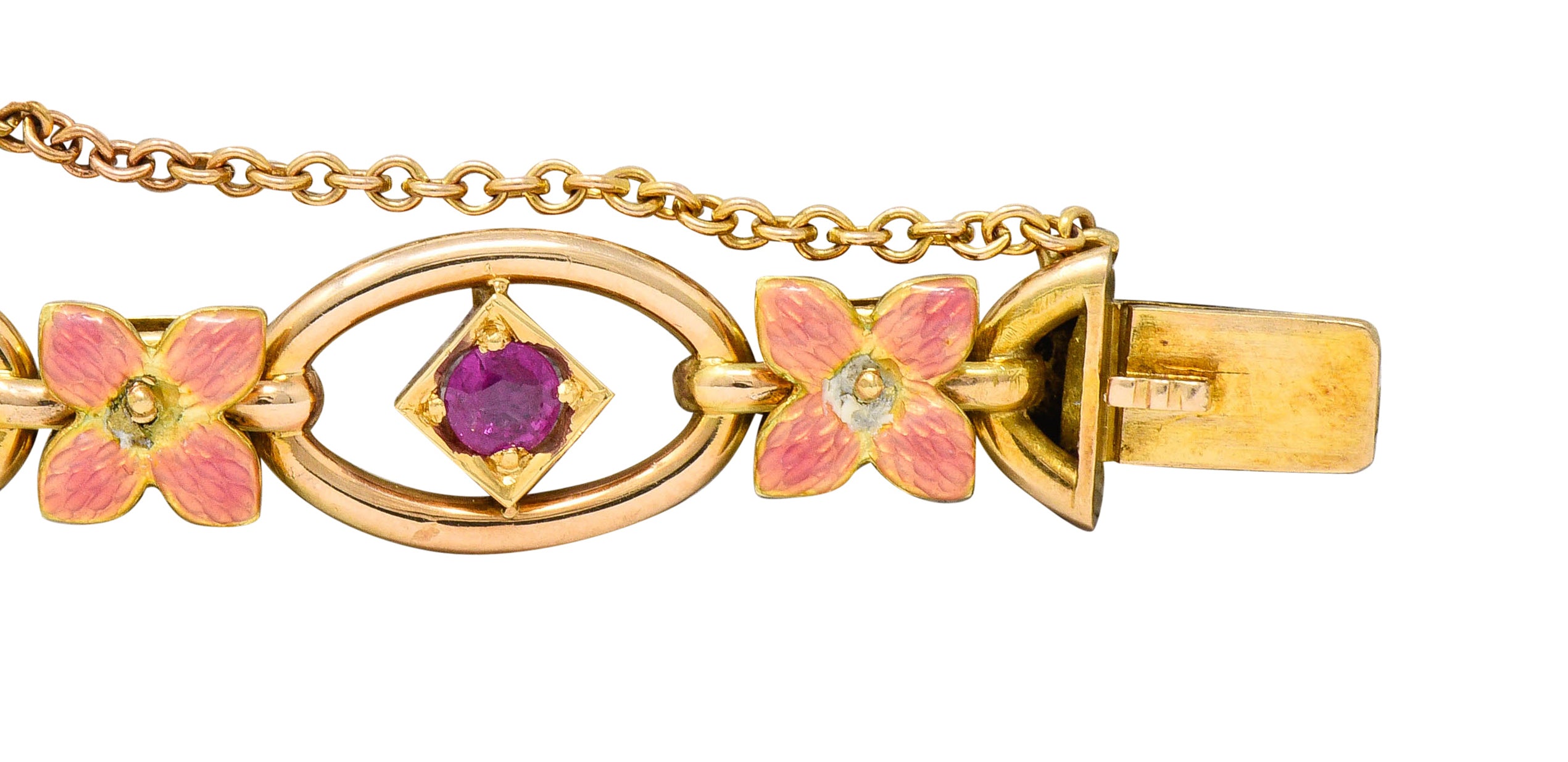 Art Nouveau Ruby Enamel 18 Karat Gold Flower Link Braceletbracelet - Wilson's Estate Jewelry