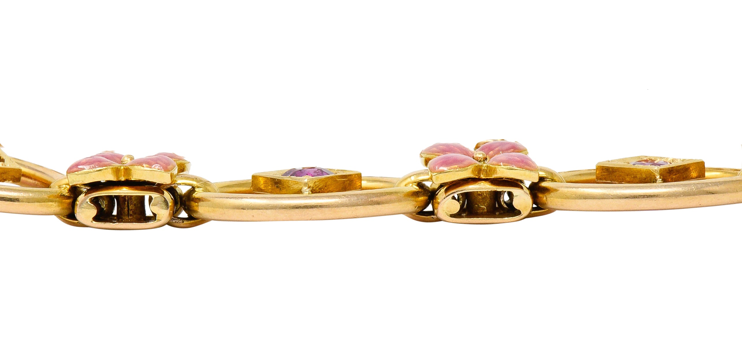 Art Nouveau Ruby Enamel 18 Karat Gold Flower Link Braceletbracelet - Wilson's Estate Jewelry