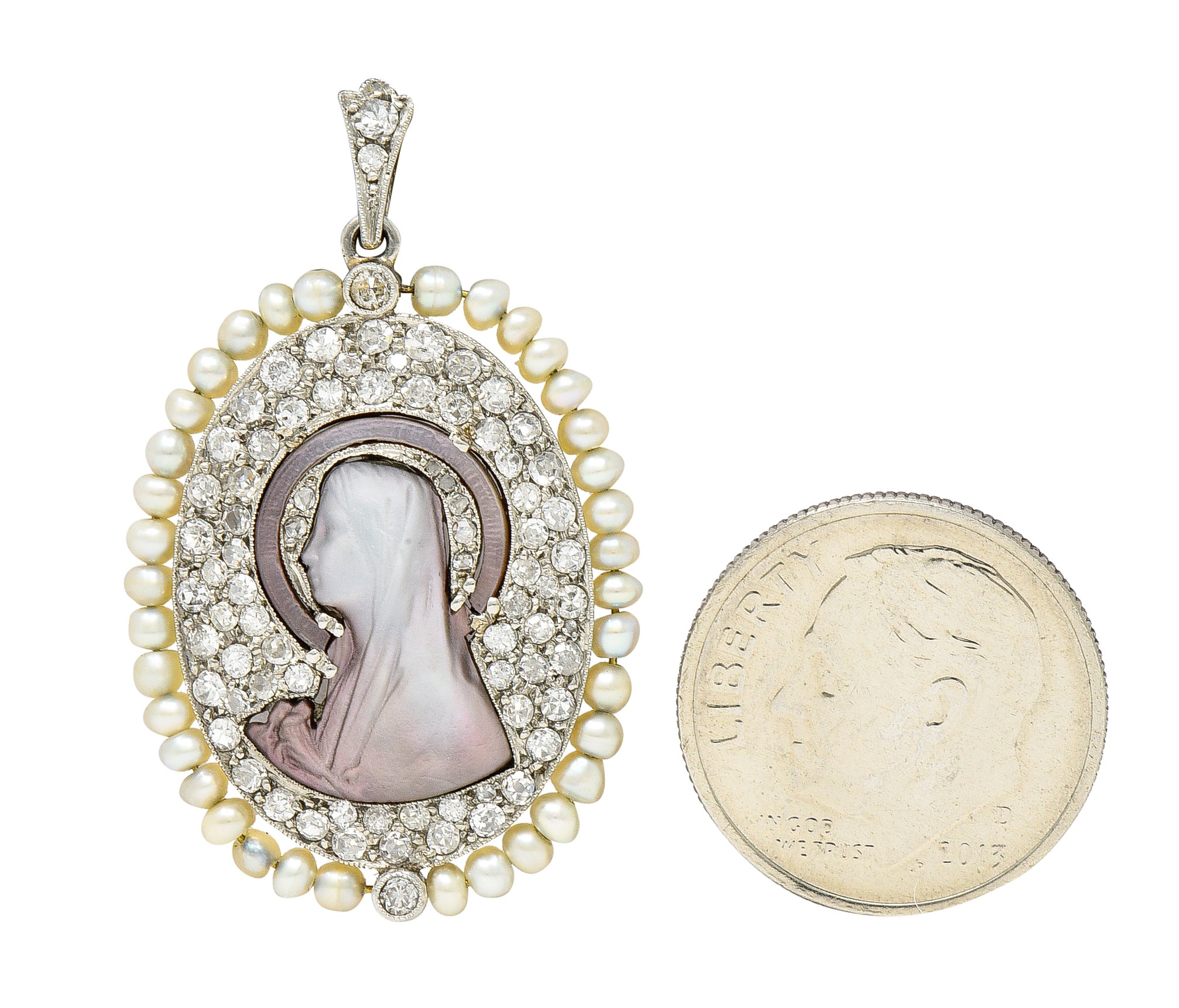 Edwardian Pearl Pavè Diamond Mother-Of-Pearl Platinum-Topped White Gold Madonna Antique Cameo Pendant Wilson's Estate Jewelry