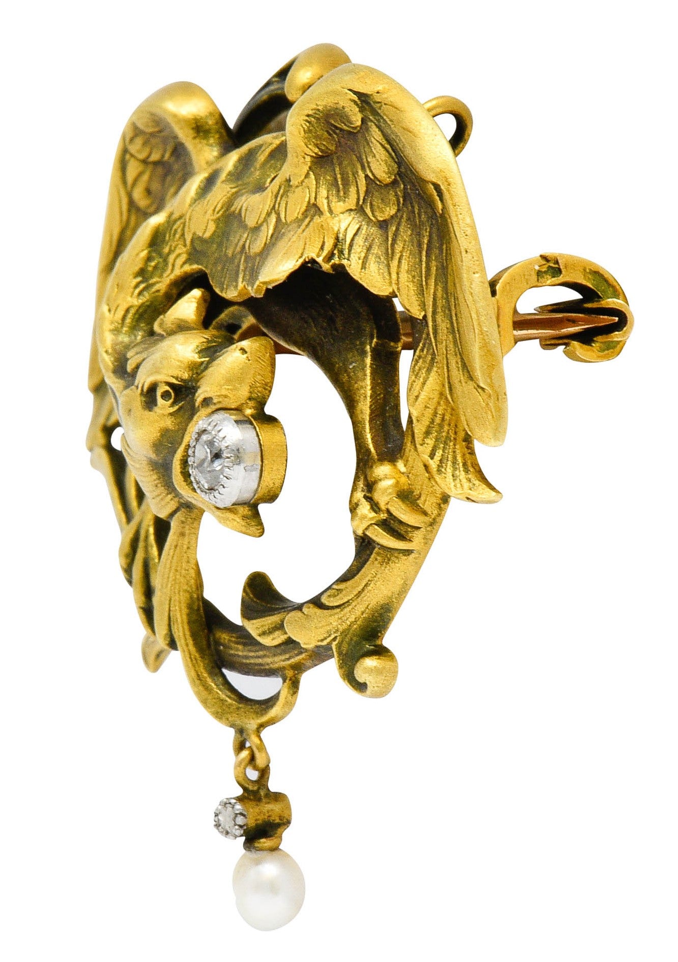 French Art Nouveau Diamond Pearl 18 Karat Gold Griffin BroochBrooch - Wilson's Estate Jewelry