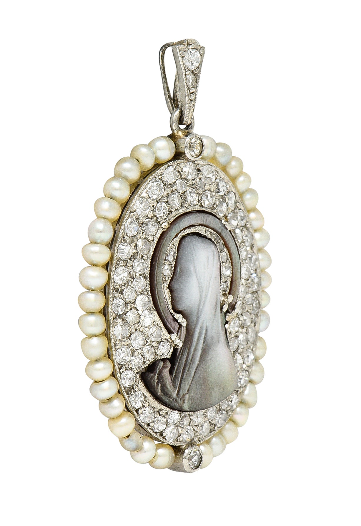 Edwardian Pearl Pavè Diamond Mother-Of-Pearl Platinum-Topped White Gold Madonna Antique Cameo Pendant Wilson's Estate Jewelry