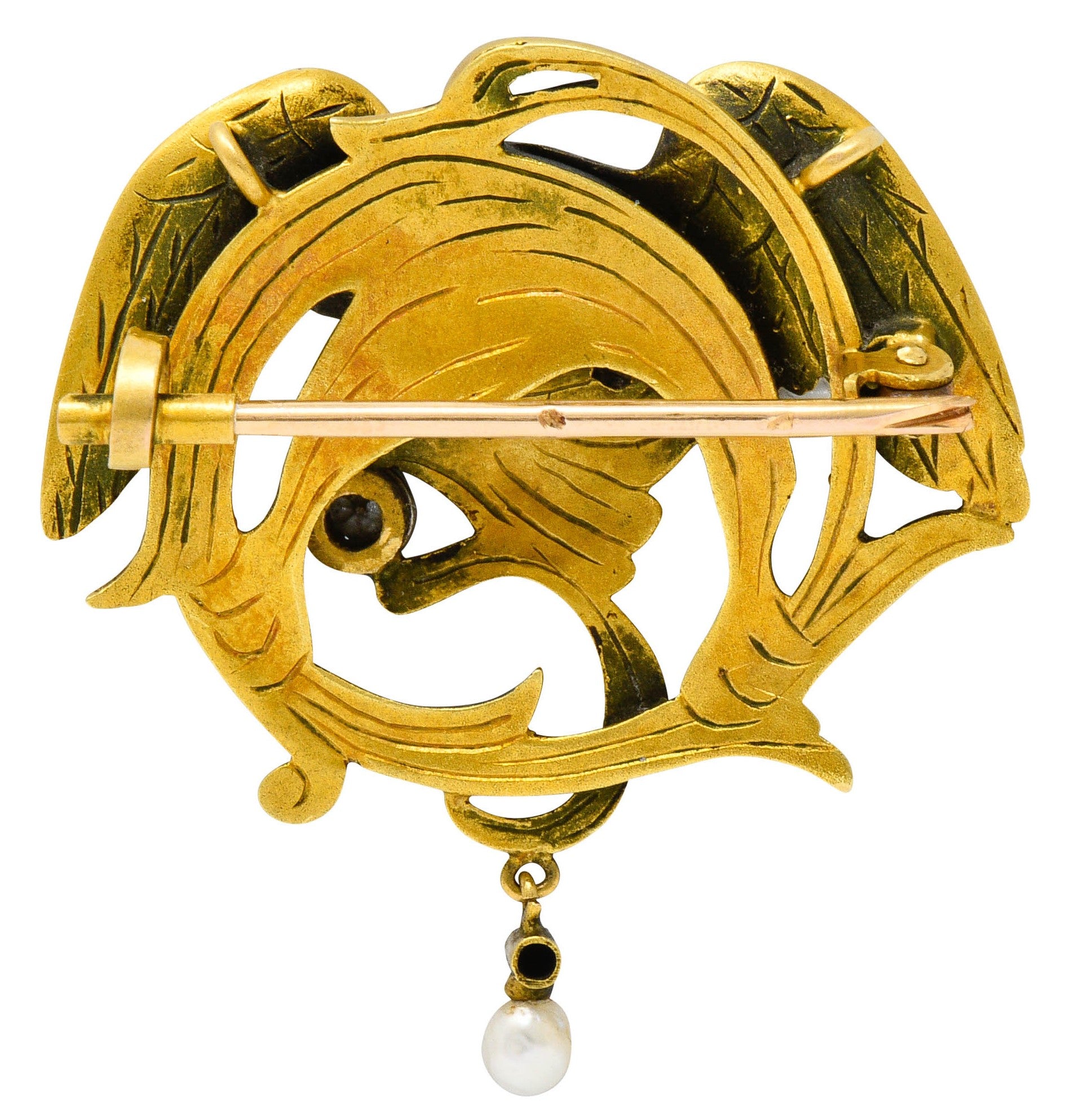 French Art Nouveau Diamond Pearl 18 Karat Gold Griffin BroochBrooch - Wilson's Estate Jewelry