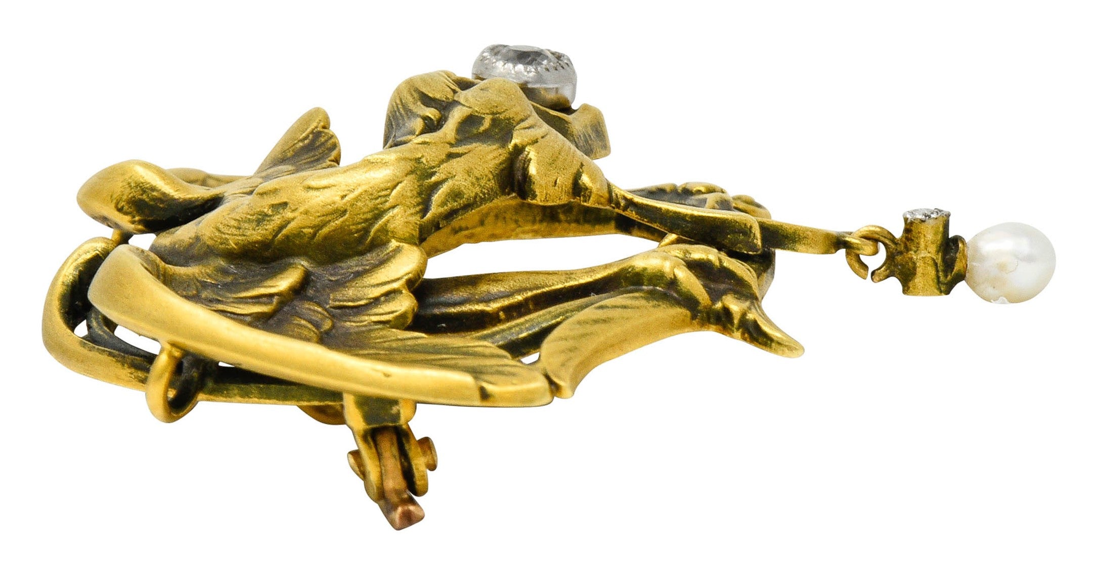 French Art Nouveau Diamond Pearl 18 Karat Gold Griffin BroochBrooch - Wilson's Estate Jewelry