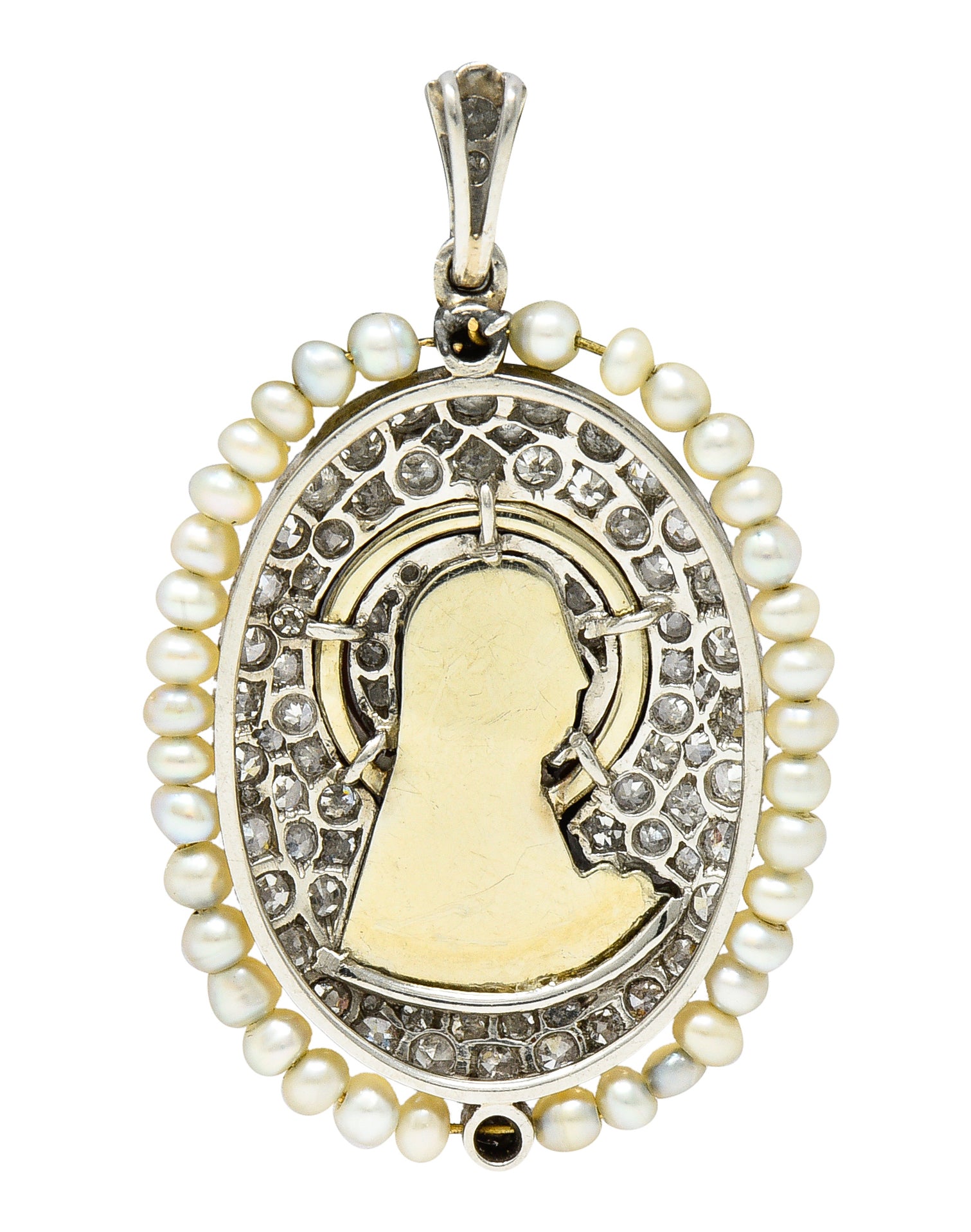 Edwardian Pearl Pavè Diamond Mother-Of-Pearl Platinum-Topped White Gold Madonna Antique Cameo Pendant Wilson's Estate Jewelry