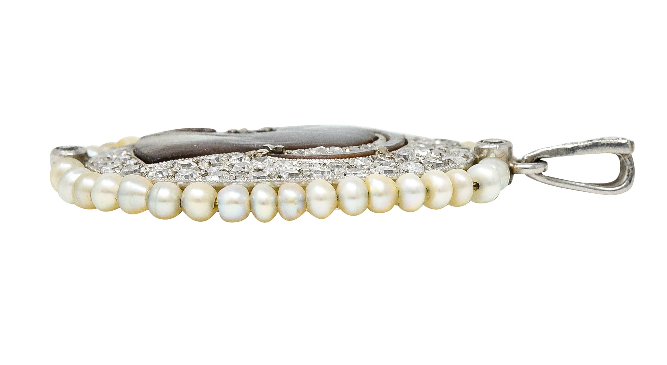 Edwardian Pearl Pavè Diamond Mother-Of-Pearl Platinum-Topped White Gold Madonna Antique Cameo Pendant Wilson's Estate Jewelry