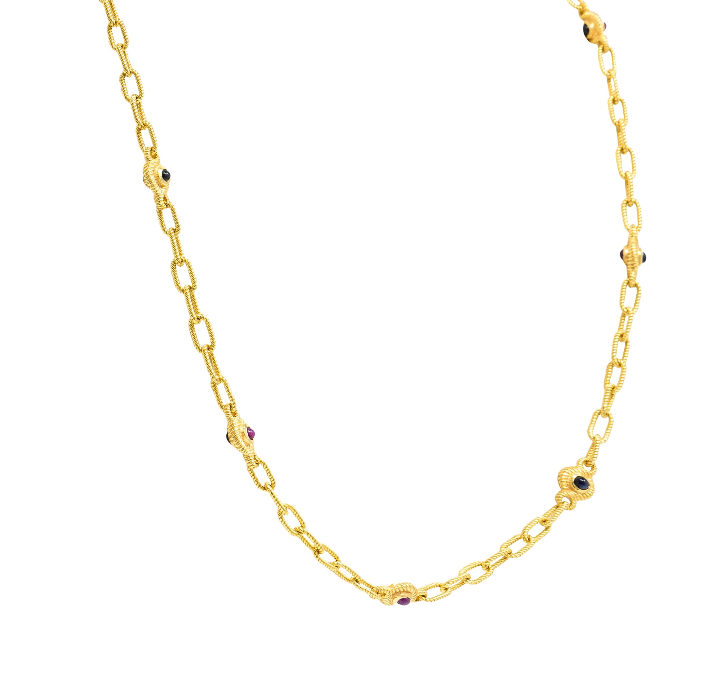 ## waiting for total weight .11111 1980's Ruby Sapphire Cabochon 14 Karat Yellow Gold Twisted Rope Vintage Paperclip Chain Station Necklace Bracelet Set Wilson's Estate Jewelry