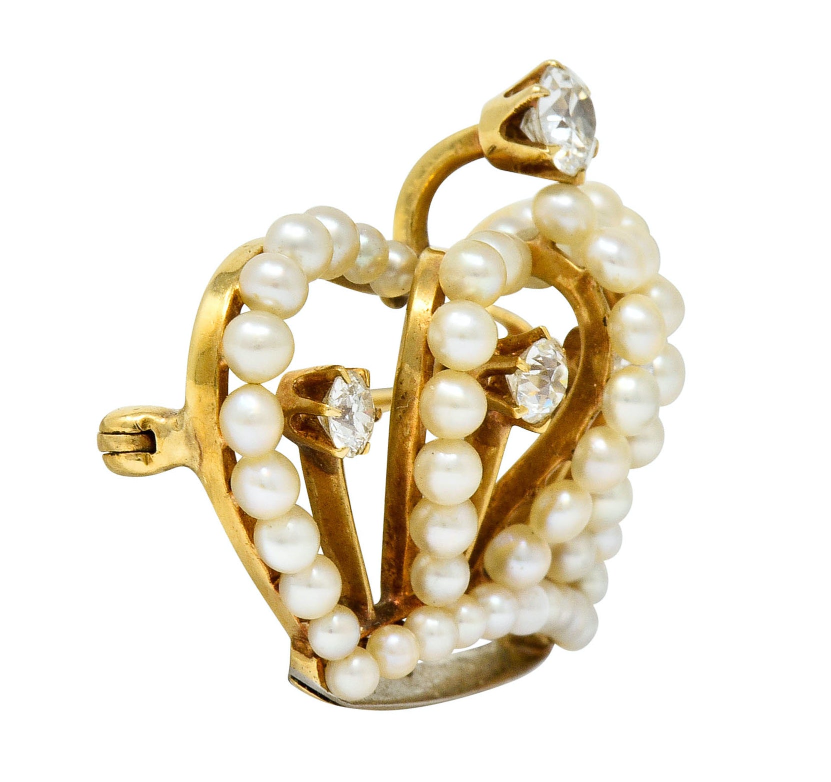 Victorian Diamond Pearl 14 Karat Gold Crown Pendant Brooch - Wilson's Estate Jewelry