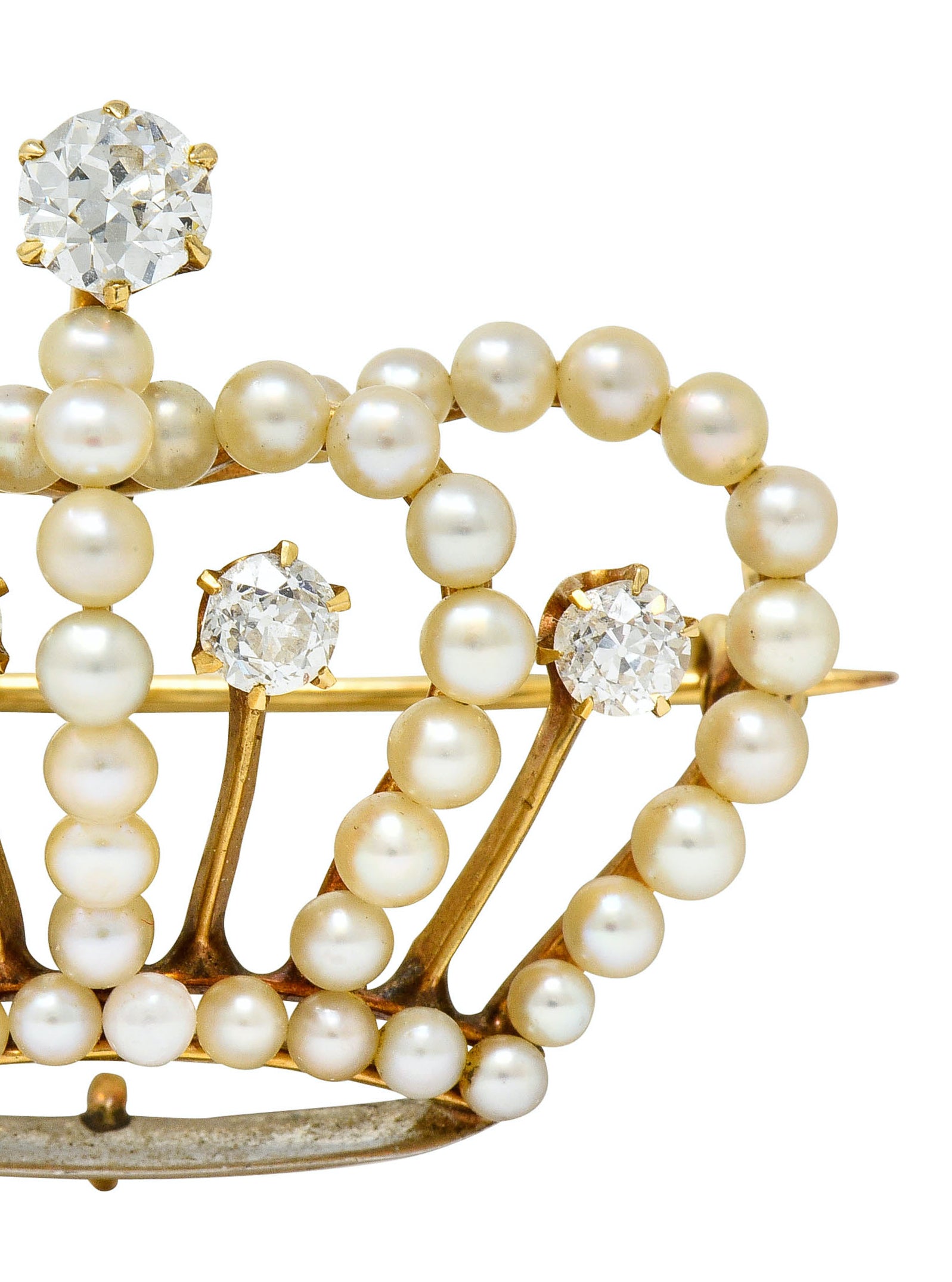 Victorian Diamond Pearl 14 Karat Gold Crown Pendant Brooch - Wilson's Estate Jewelry
