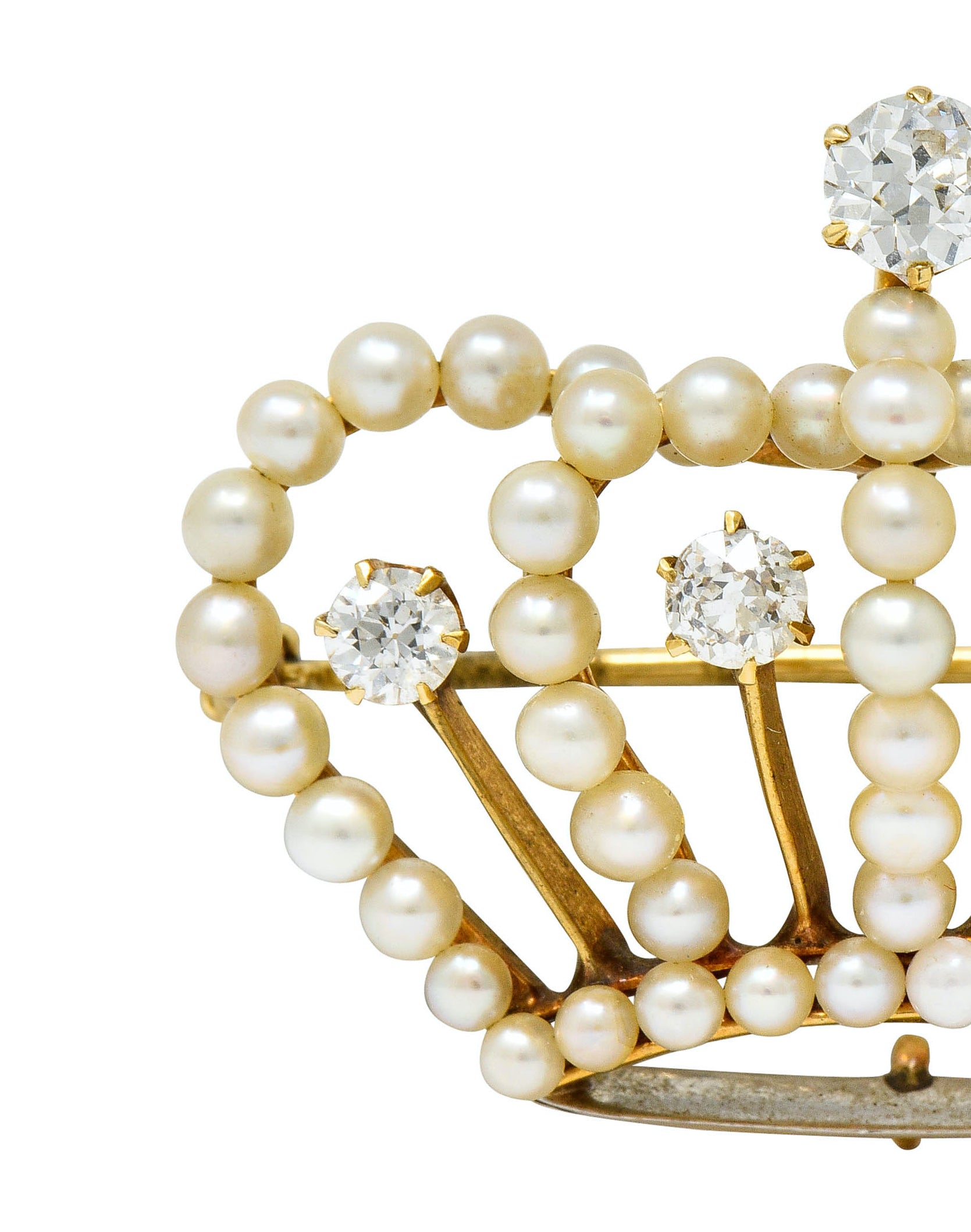 Victorian Diamond Pearl 14 Karat Gold Crown Pendant Brooch - Wilson's Estate Jewelry