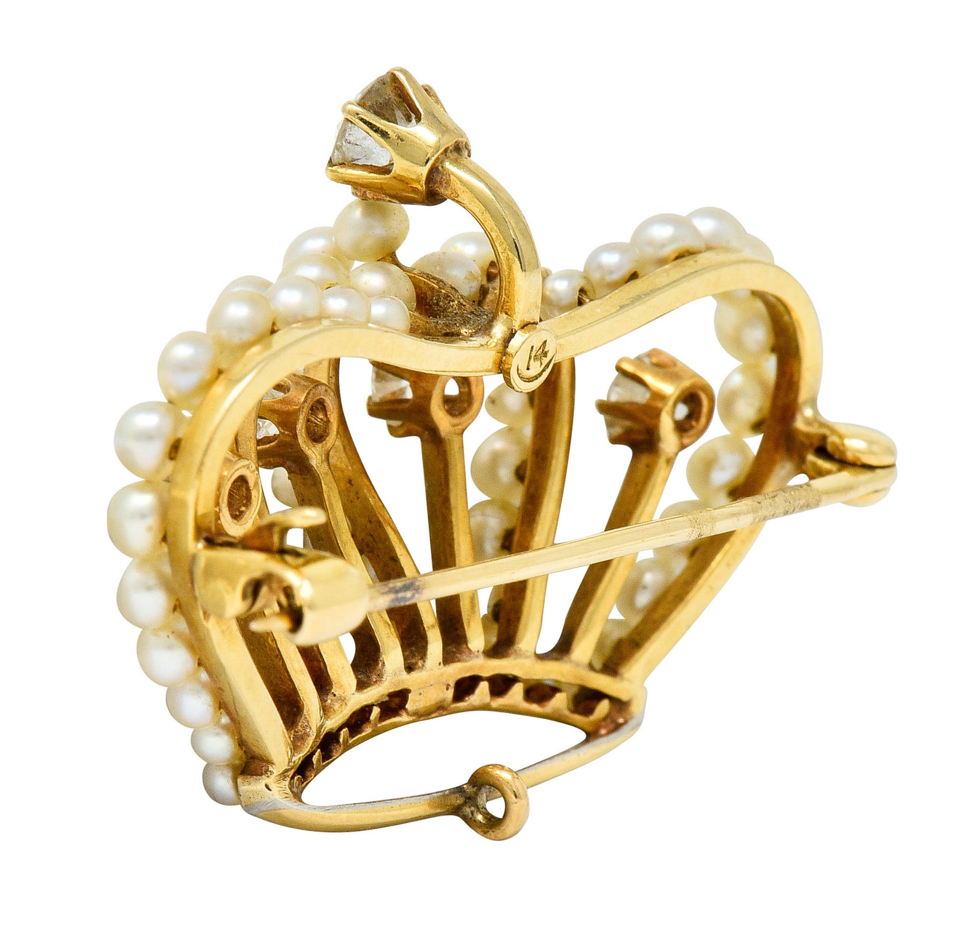 Victorian Diamond Pearl 14 Karat Gold Crown Pendant Brooch - Wilson's Estate Jewelry