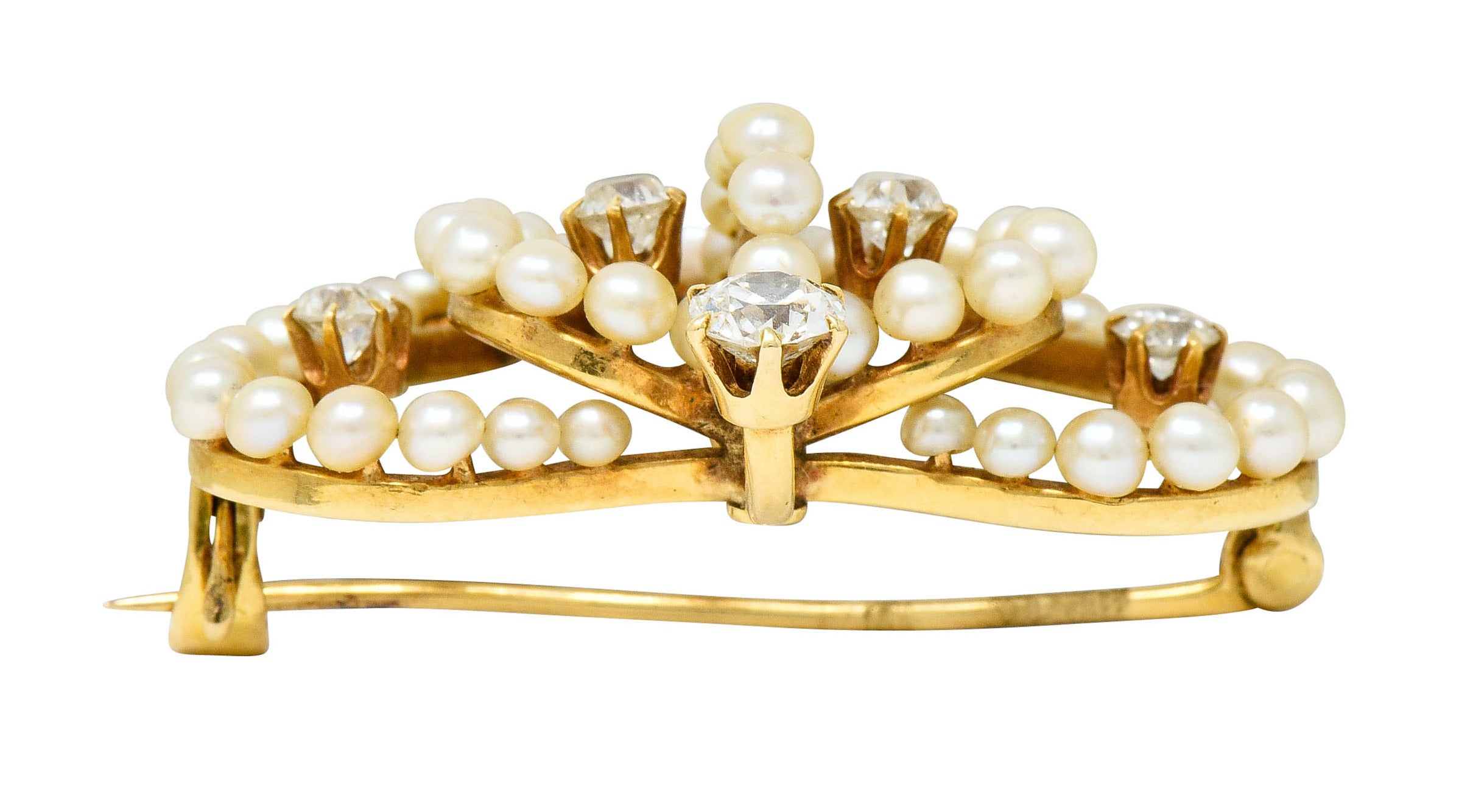 Victorian Diamond Pearl 14 Karat Gold Crown Pendant Brooch - Wilson's Estate Jewelry