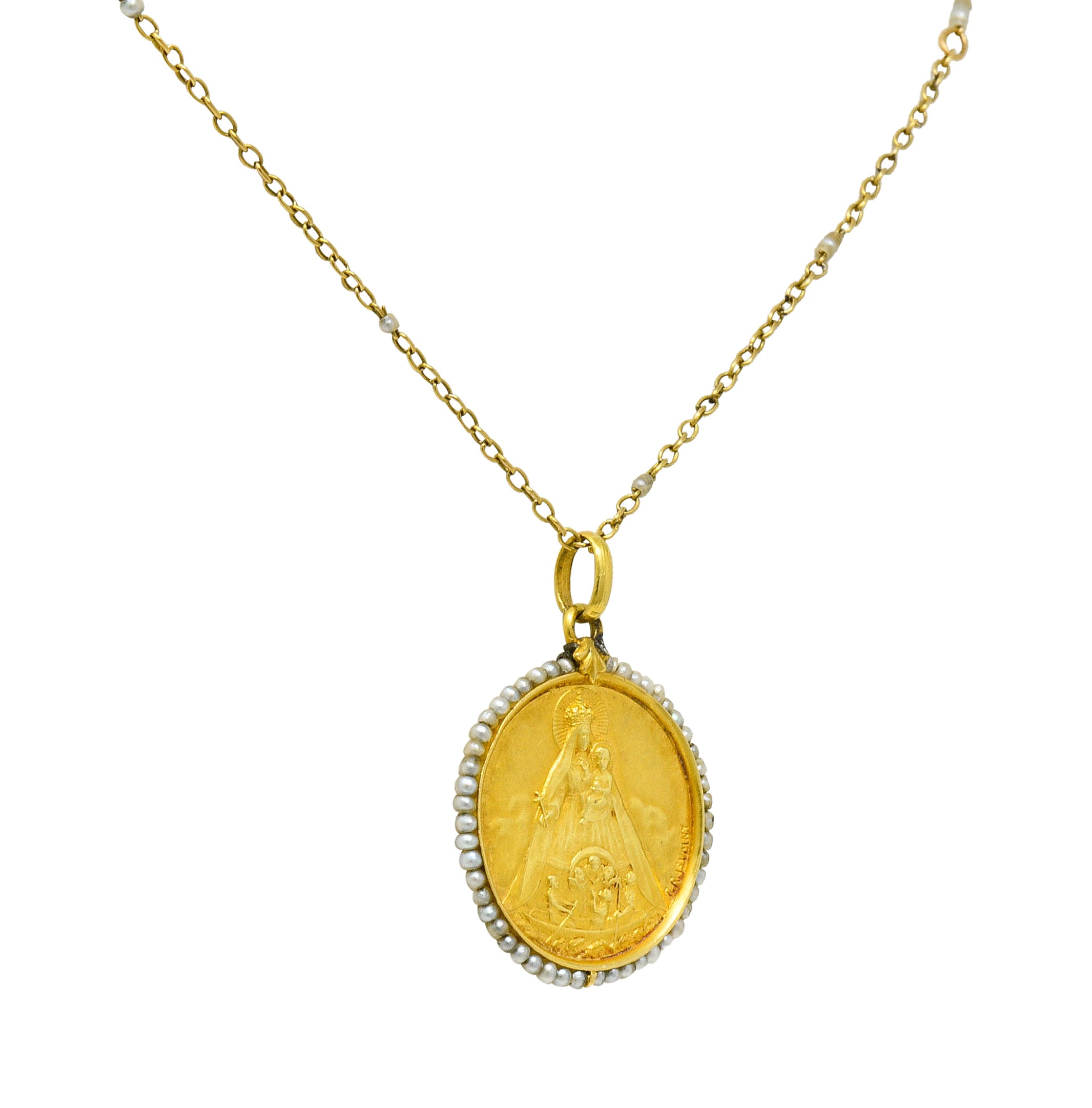 Felix Rasumny Art Nouveau Natural Freshwater Seed Pearl 18 Karat Gold Religious Medal NecklaceNecklace - Wilson's Estate Jewelry