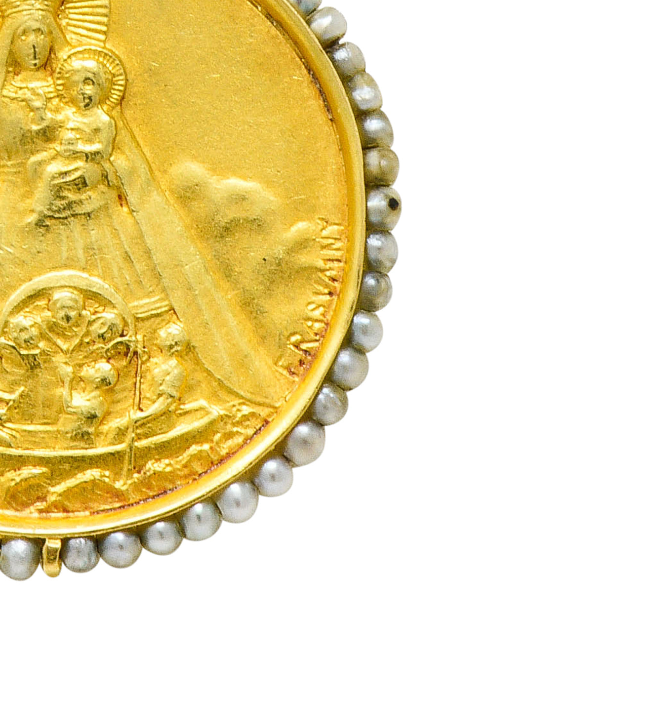 Felix Rasumny Art Nouveau Natural Freshwater Seed Pearl 18 Karat Gold Religious Medal NecklaceNecklace - Wilson's Estate Jewelry