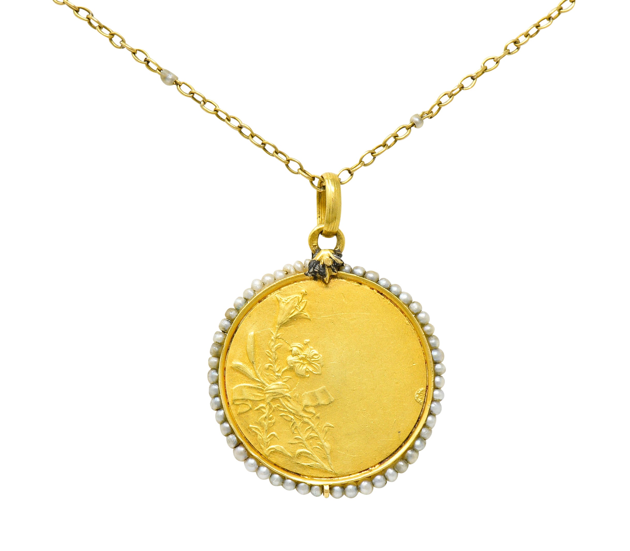 Felix Rasumny Art Nouveau Natural Freshwater Seed Pearl 18 Karat Gold Religious Medal NecklaceNecklace - Wilson's Estate Jewelry