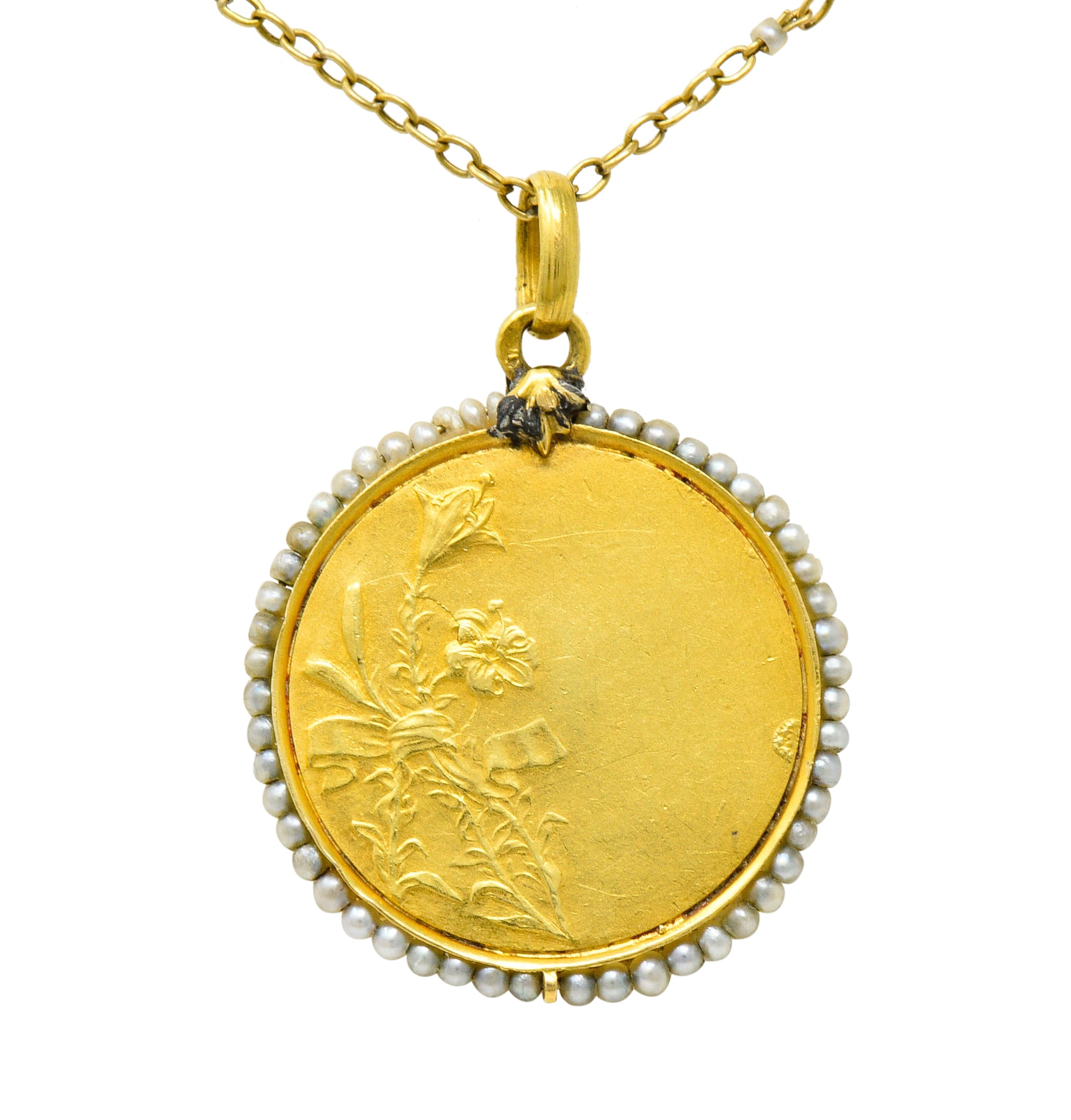 Felix Rasumny Art Nouveau Natural Freshwater Seed Pearl 18 Karat Gold Religious Medal NecklaceNecklace - Wilson's Estate Jewelry