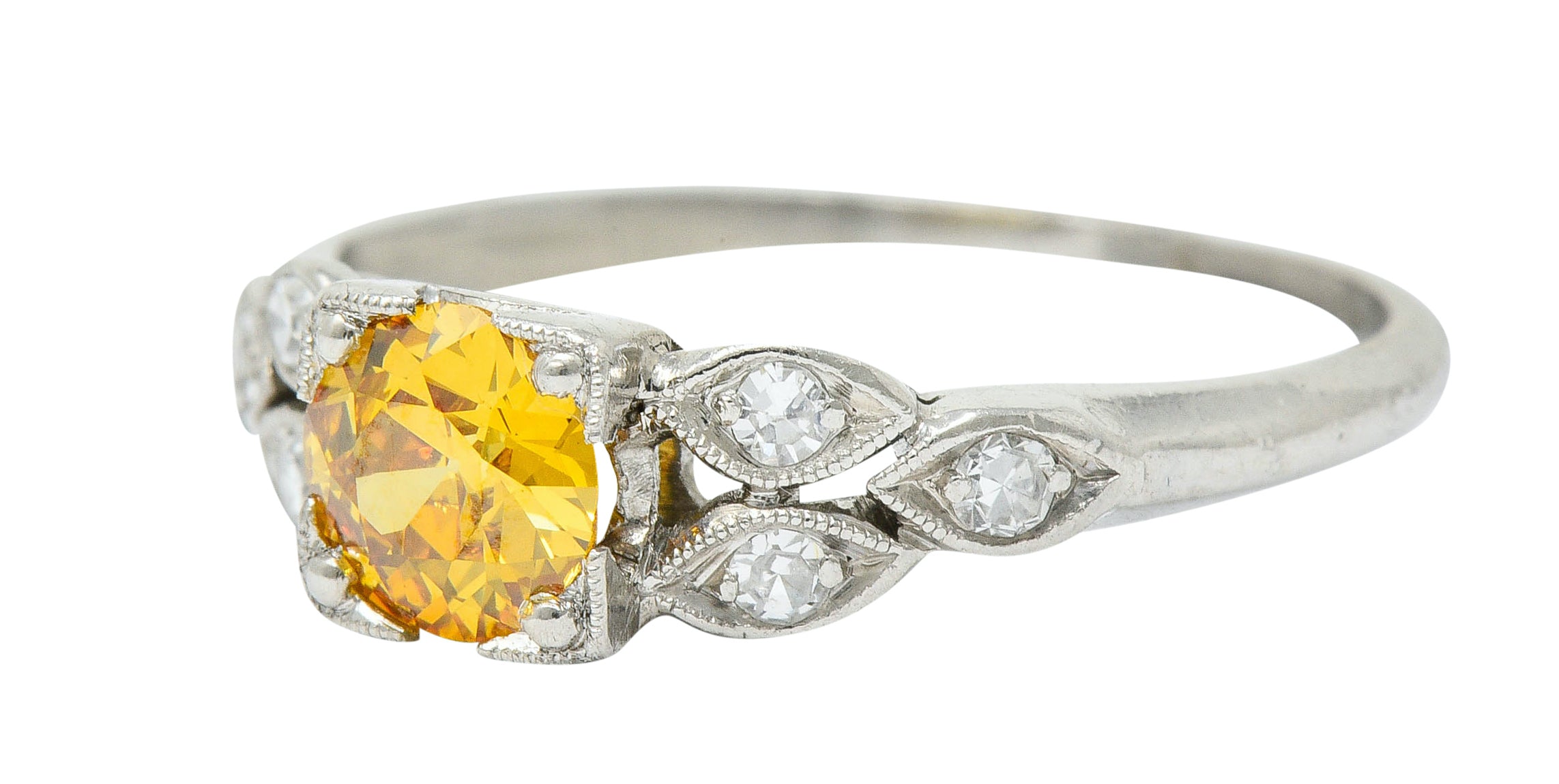 Retro 0.60 CTW Orange-Yellow & White Diamond Platinum Engagement Ring GIARing - Wilson's Estate Jewelry