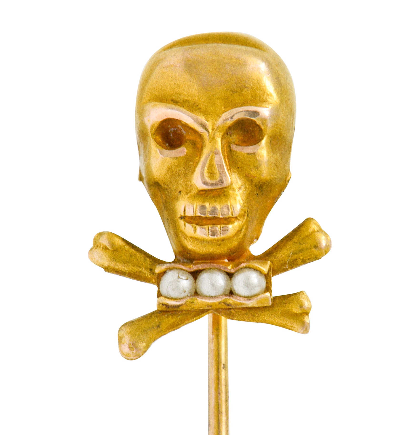 Victorian Natural Freshwater Seed Pearl Gold Skull Crossbones Stickpin - Wilson's Estate Jewelry
