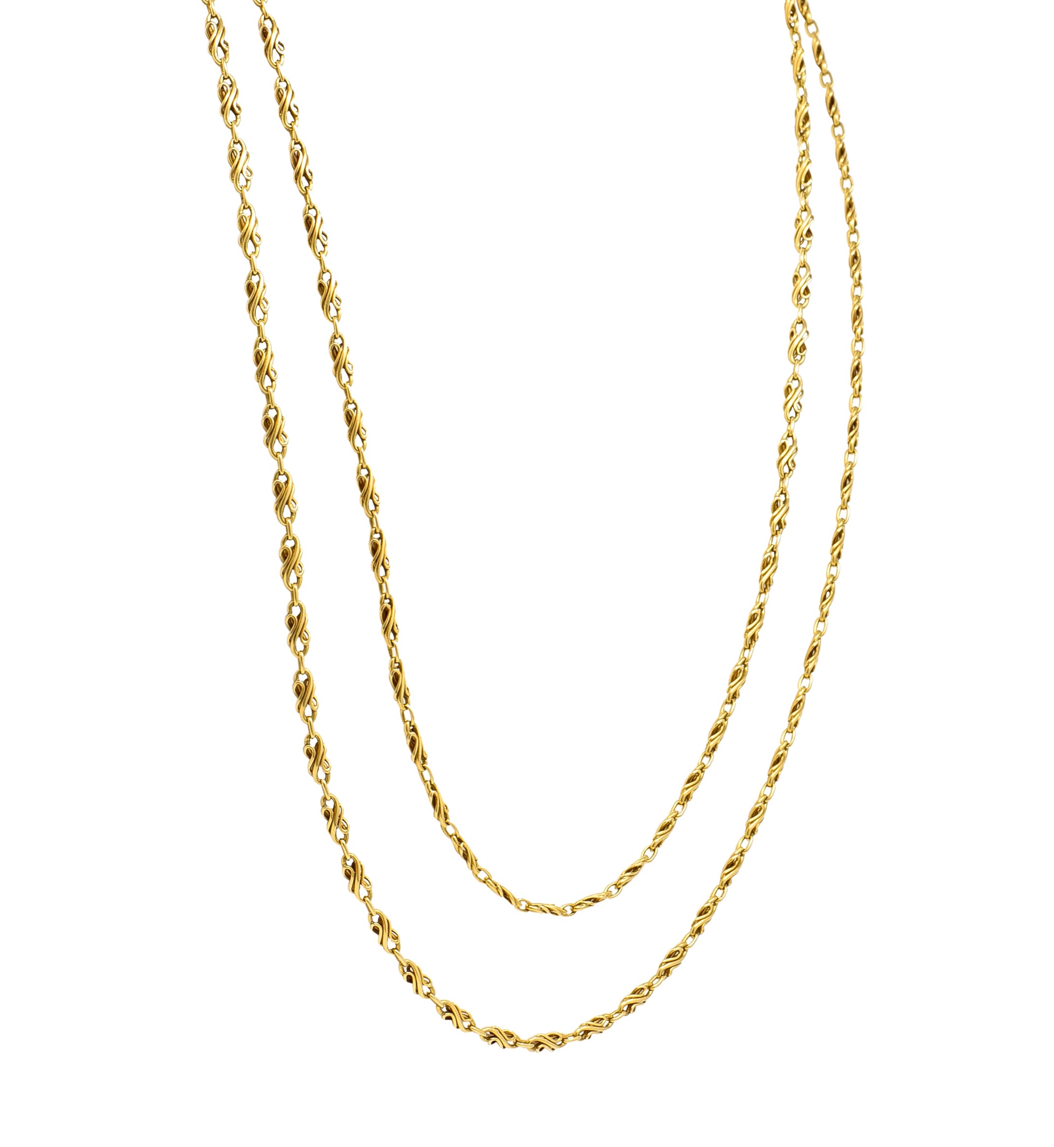 Victorian 18 Karat Yellow Gold 55 1/2 Inch Long Scrolling S Link Antique Chain Necklace Wilson's Estate Jewelry