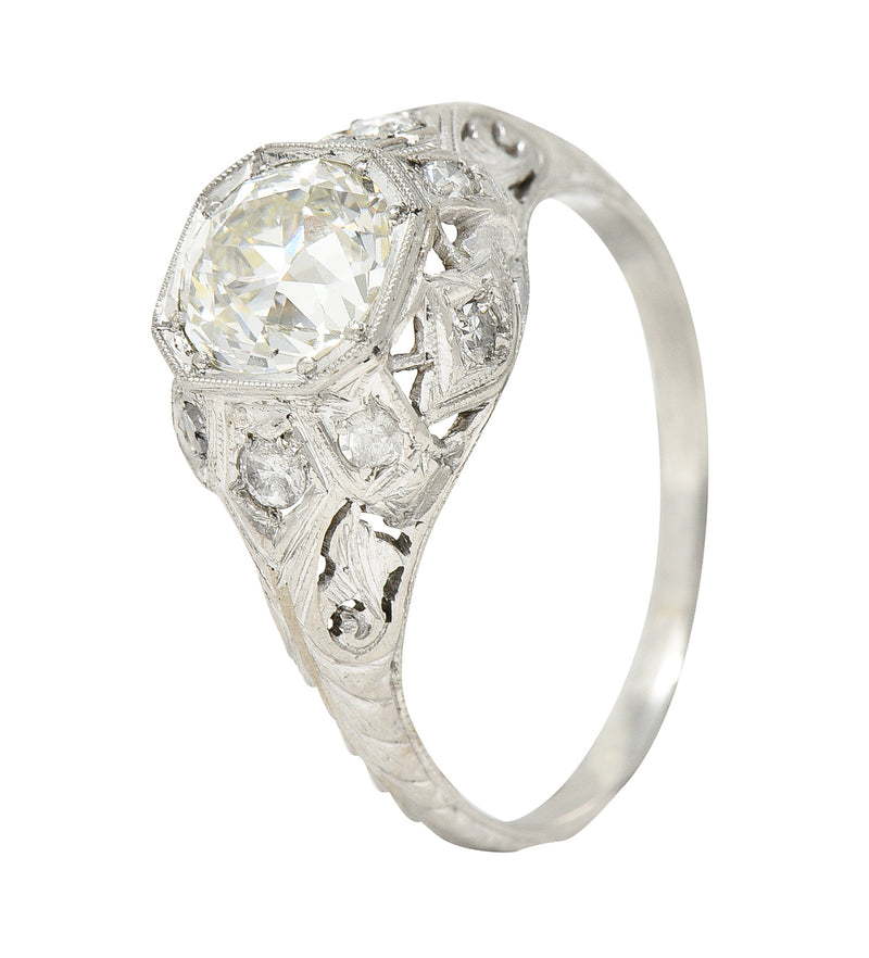 Edwardian Old European 1.64 CTW Diamond Platinum Foliate Antique Engagement Ring GIA Wilson's Estate Jewelry