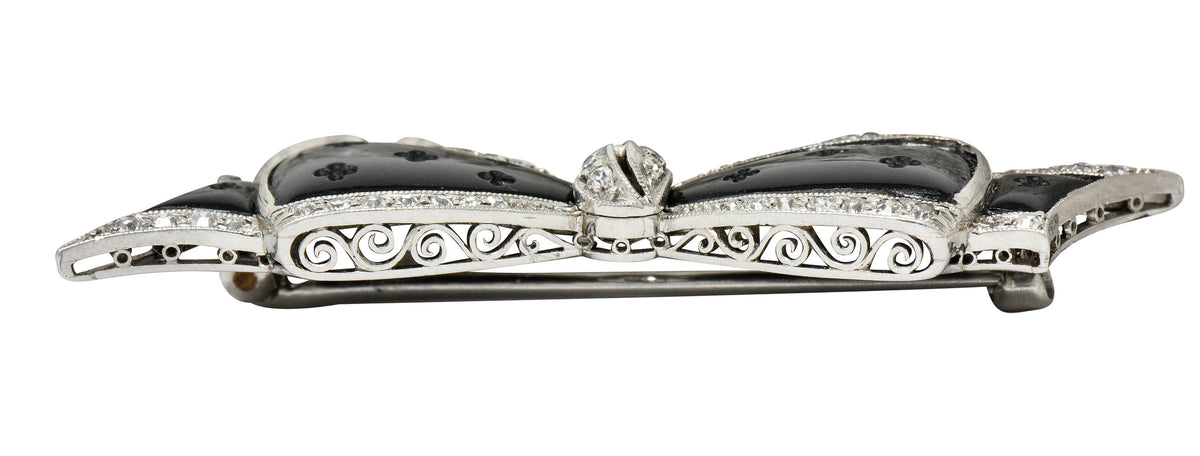 J.E. Caldwell Art Deco Diamond Onyx Platinum Bow Brooch - Wilson's Estate Jewelry