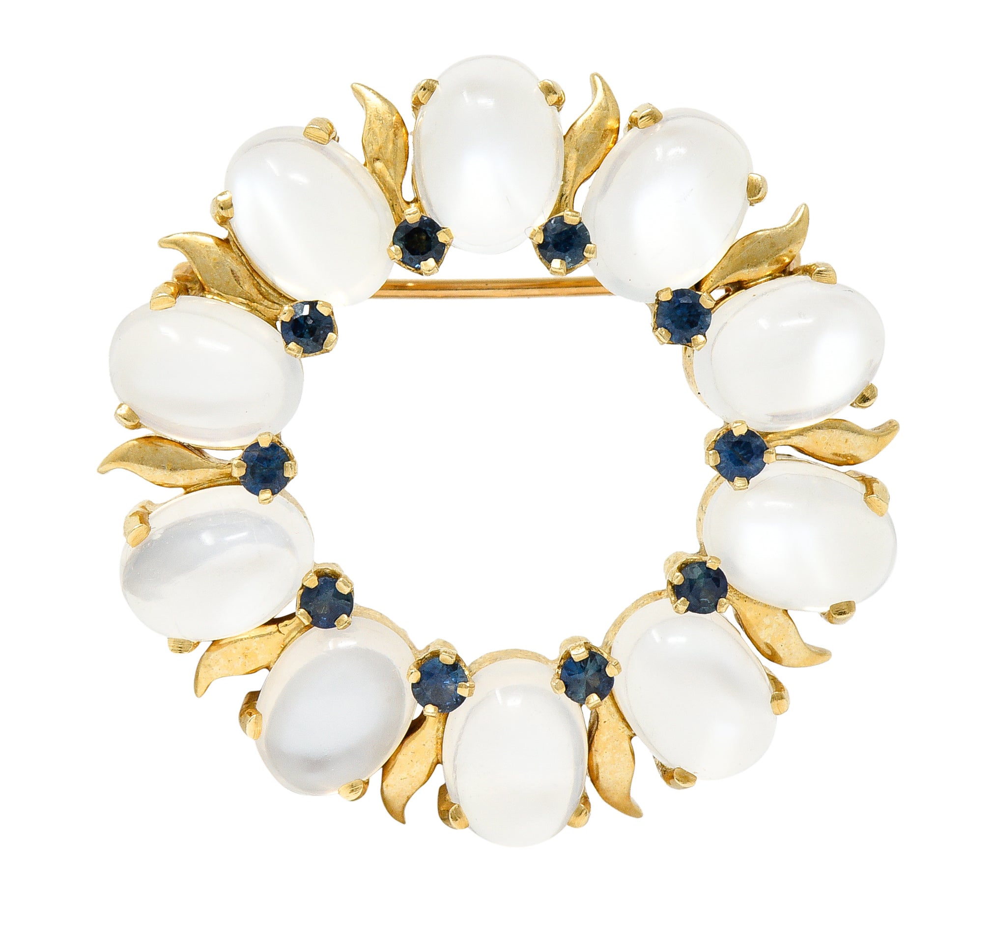 Tiffany & Co. Retro Sapphire Moonstone 14 Karat Gold Wreath BroochBrooches & Lapel Pins - Wilson's Estate Jewelry