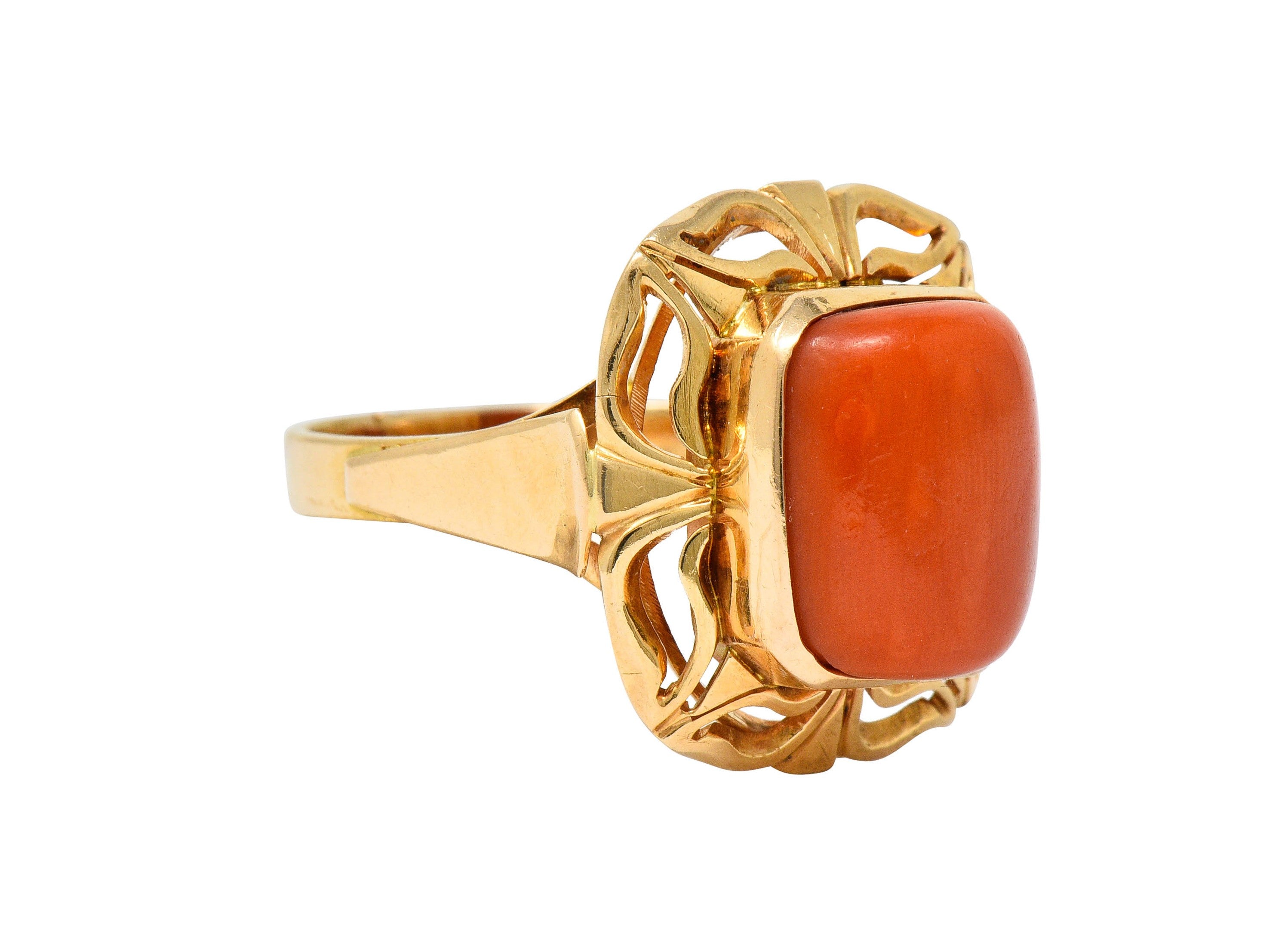 Retro Coral Cabochon 14 Karat Gold Floral Statement RingRing - Wilson's Estate Jewelry