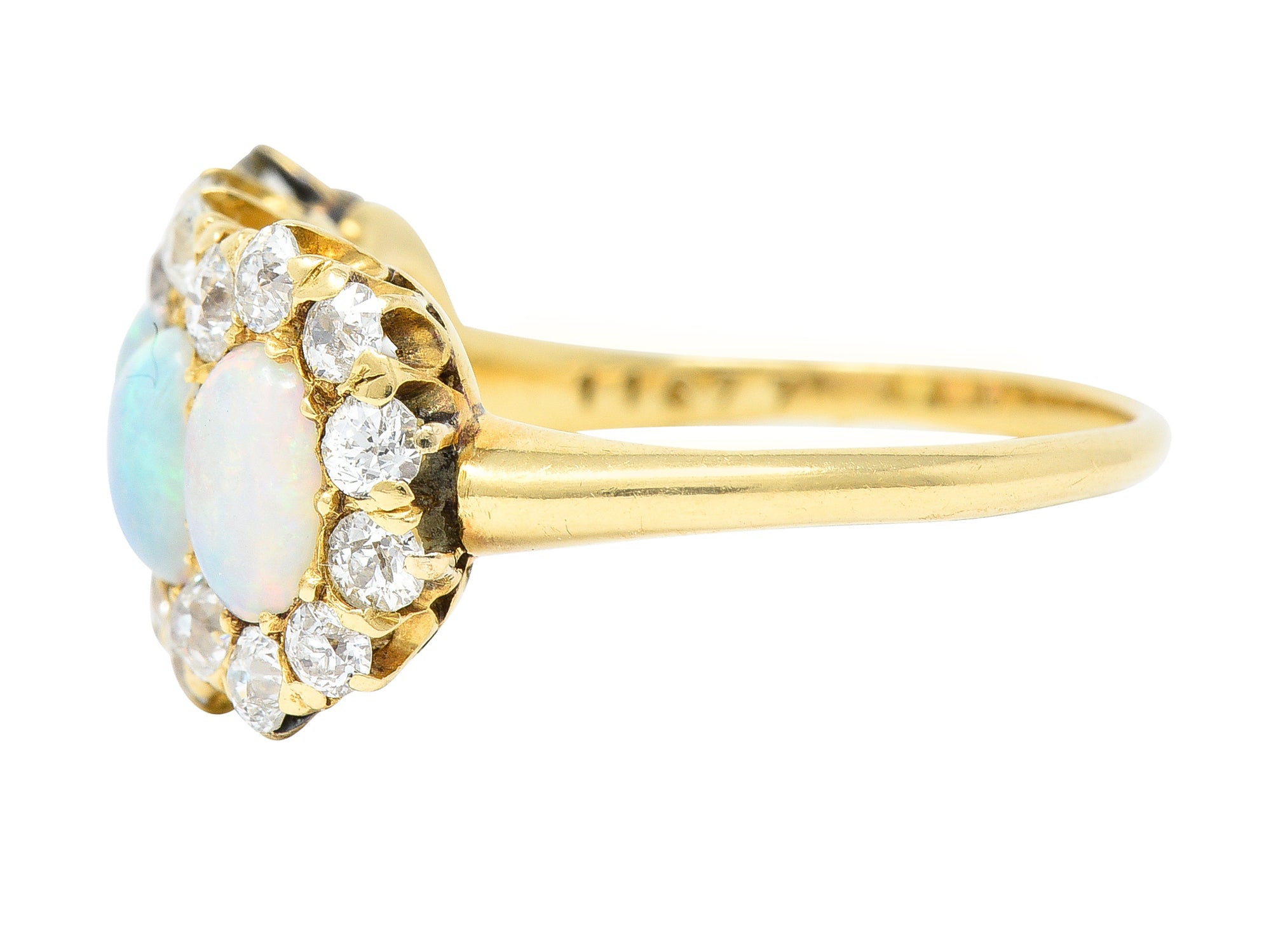 Victorian 1.32 CTW Opal Cabochon Old European Cut Diamond 18 Karat Yellow Gold Antique Cluster Ring Wilson's Estate Jewelry