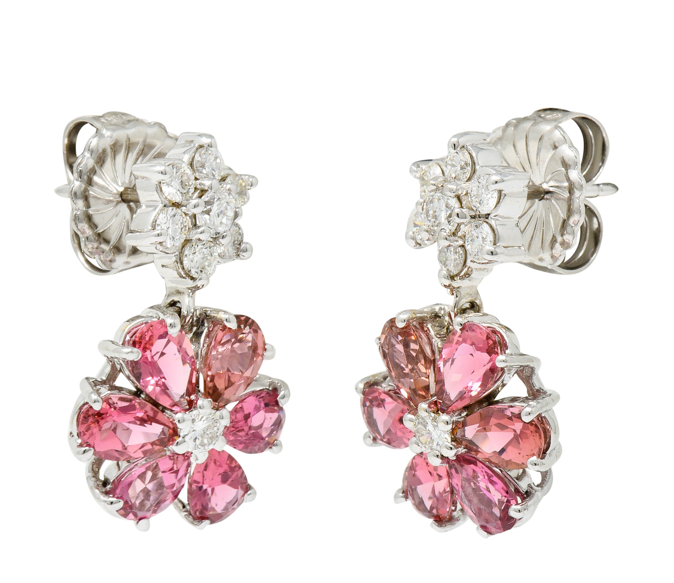 Contemporary Pink Tourmaline Diamond 18 Karat White Floral Cluster Drop EarringsEarrings - Wilson's Estate Jewelry
