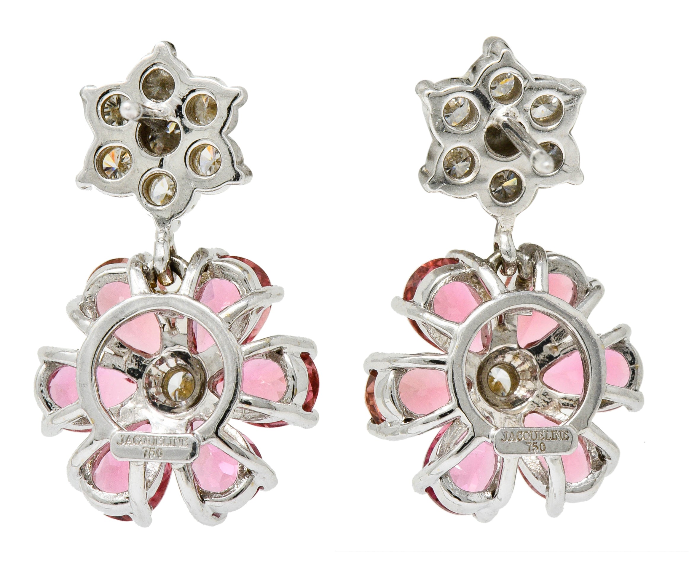 Contemporary Pink Tourmaline Diamond 18 Karat White Floral Cluster Drop EarringsEarrings - Wilson's Estate Jewelry