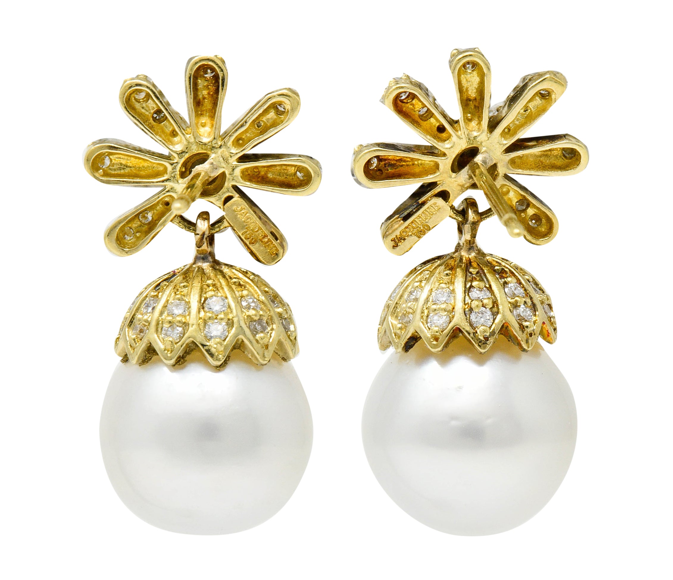 Contemporary 1.15 CTW Diamond Cultured Pearl 18 Karat Gold Drop EarringsEarrings - Wilson's Estate Jewelry