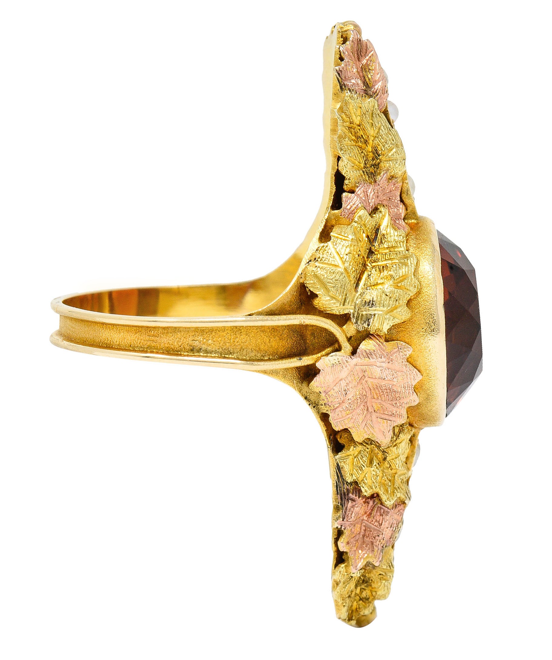 Arts & Crafts Citrine Pearl 14 Karat Tri-Gold Foliate RingRing - Wilson's Estate Jewelry