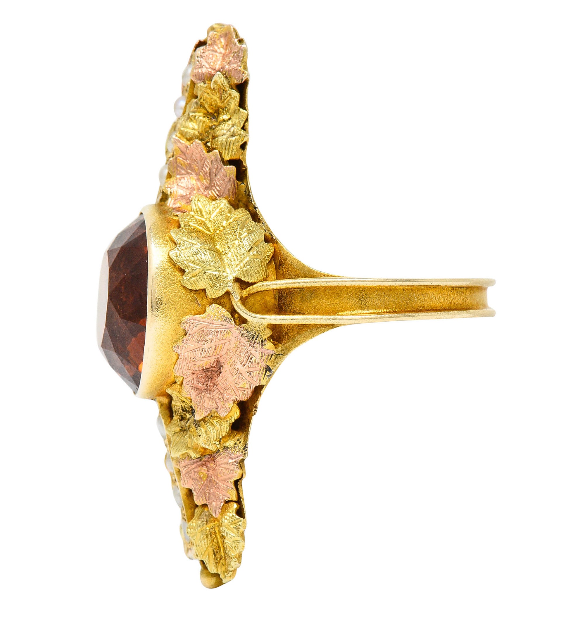 Arts & Crafts Citrine Pearl 14 Karat Tri-Gold Foliate RingRing - Wilson's Estate Jewelry