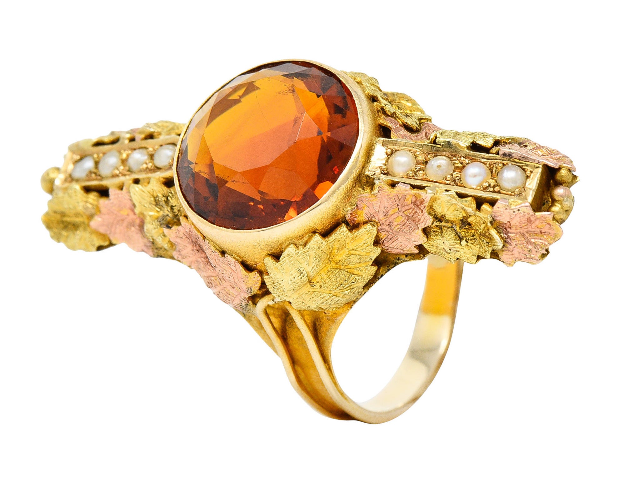 Arts & Crafts Citrine Pearl 14 Karat Tri-Gold Foliate RingRing - Wilson's Estate Jewelry