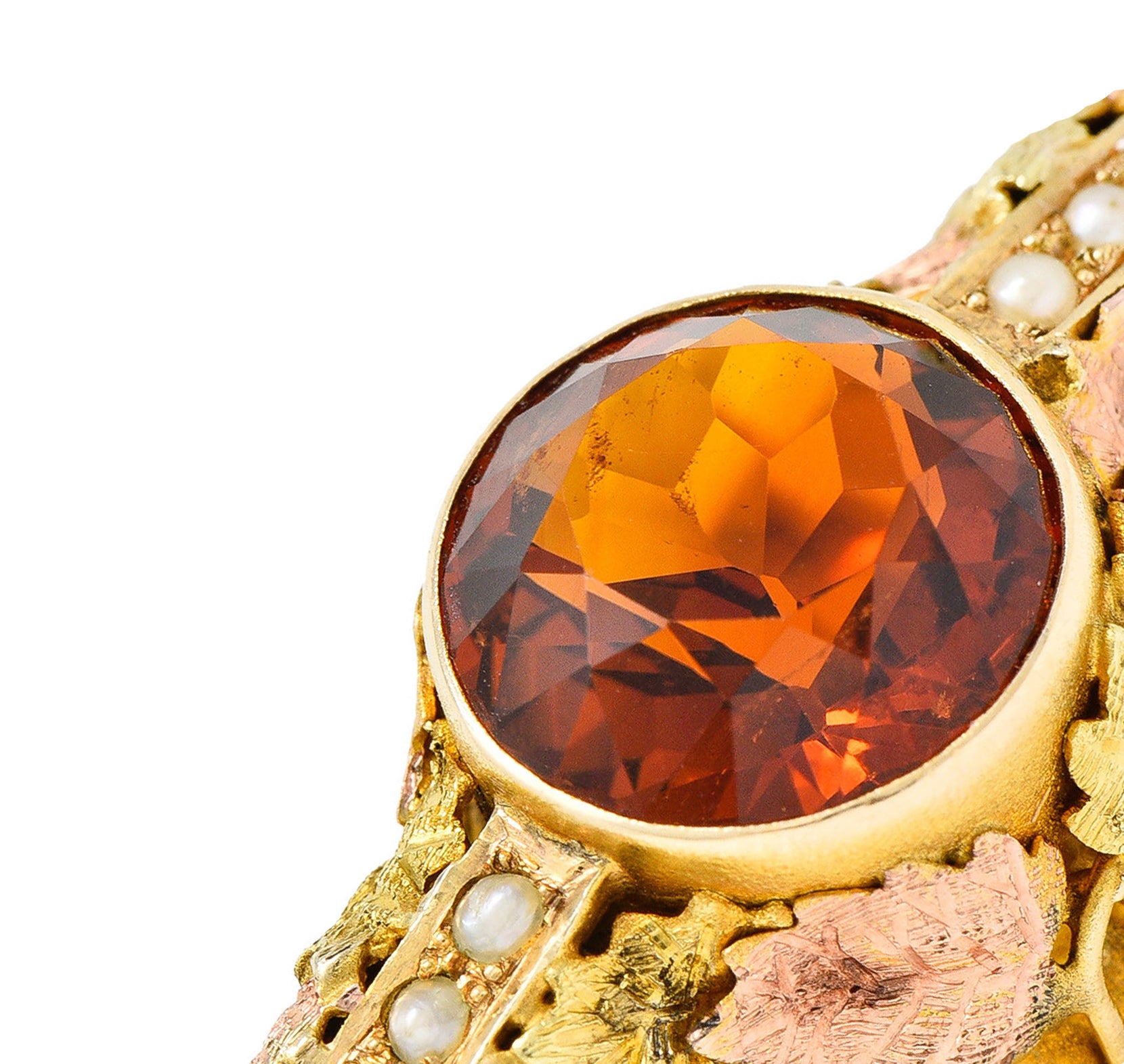 Arts & Crafts Citrine Pearl 14 Karat Tri-Gold Foliate RingRing - Wilson's Estate Jewelry