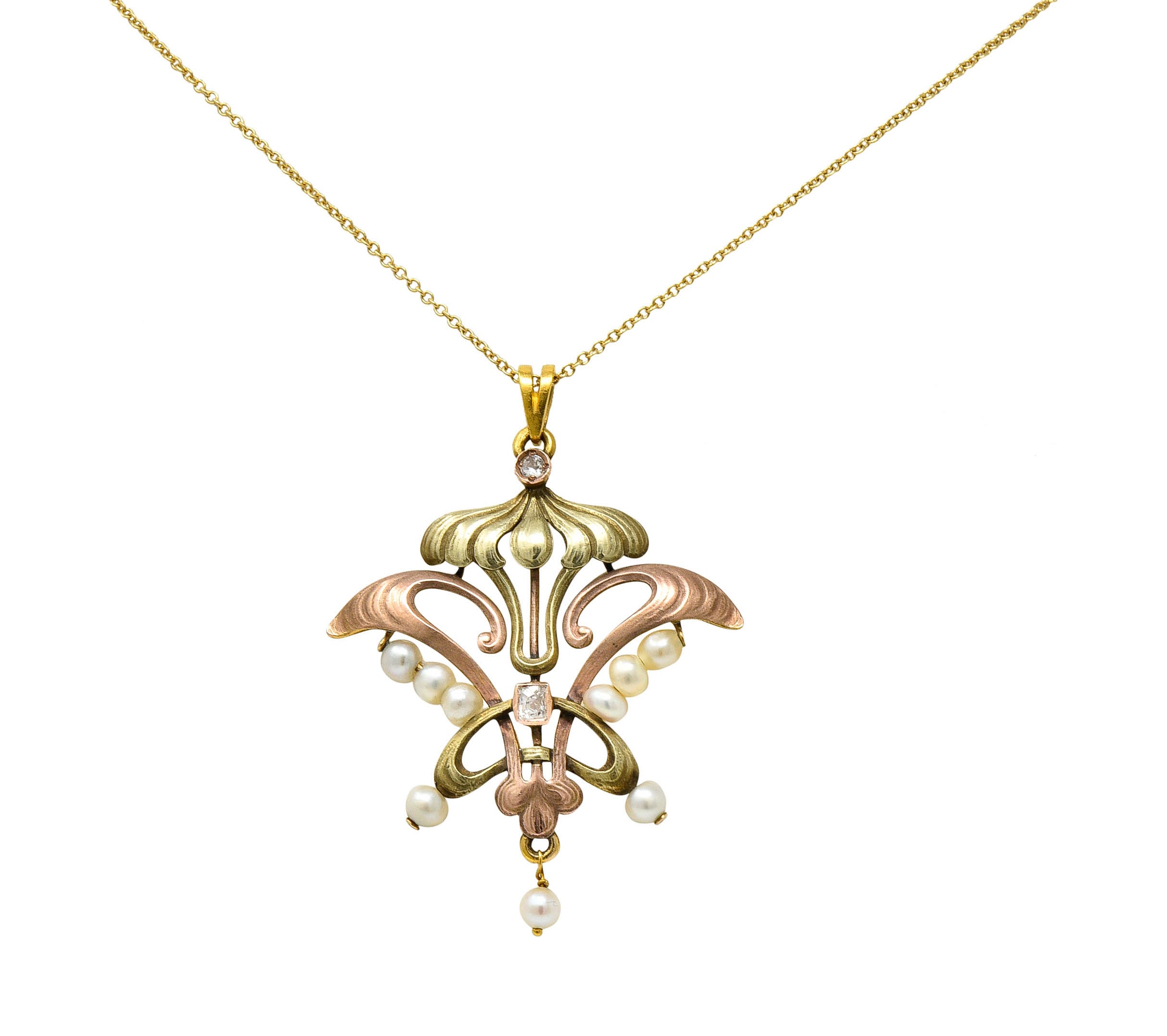 Art Nouveau Diamond Pearl 14 Karat Tri-Colored Gold Whiplash Pendant NecklaceNecklace - Wilson's Estate Jewelry