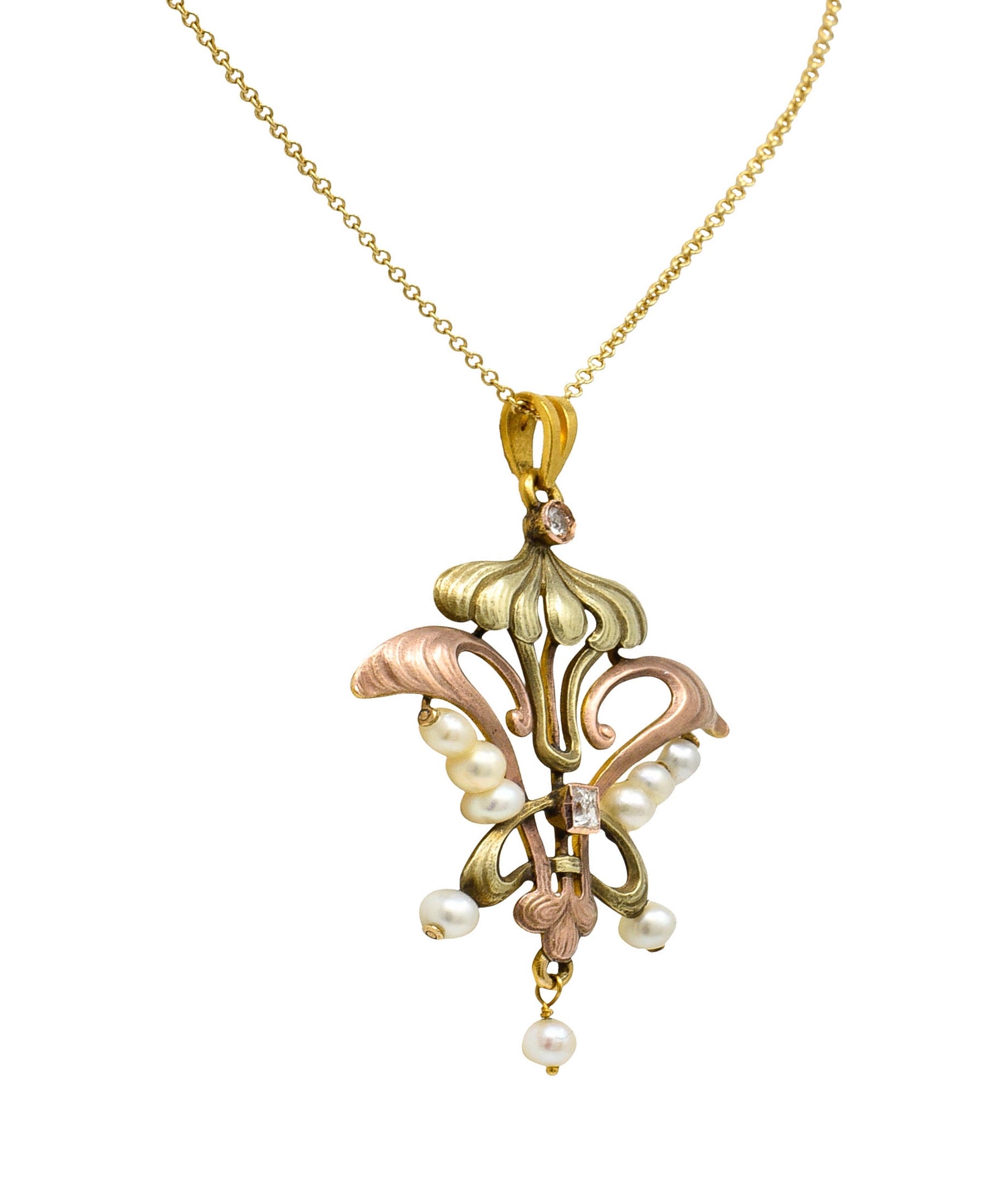 Art Nouveau Diamond Pearl 14 Karat Tri-Colored Gold Whiplash Pendant NecklaceNecklace - Wilson's Estate Jewelry
