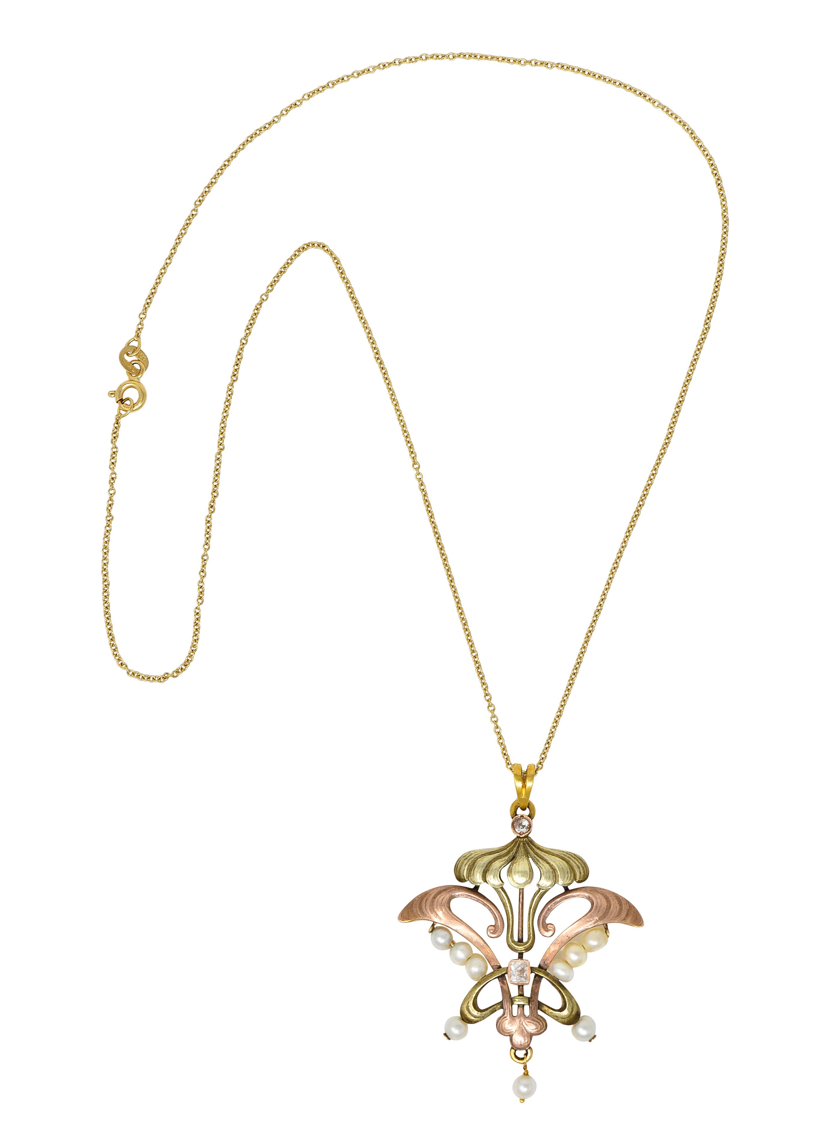 Art Nouveau Diamond Pearl 14 Karat Tri-Colored Gold Whiplash Pendant NecklaceNecklace - Wilson's Estate Jewelry